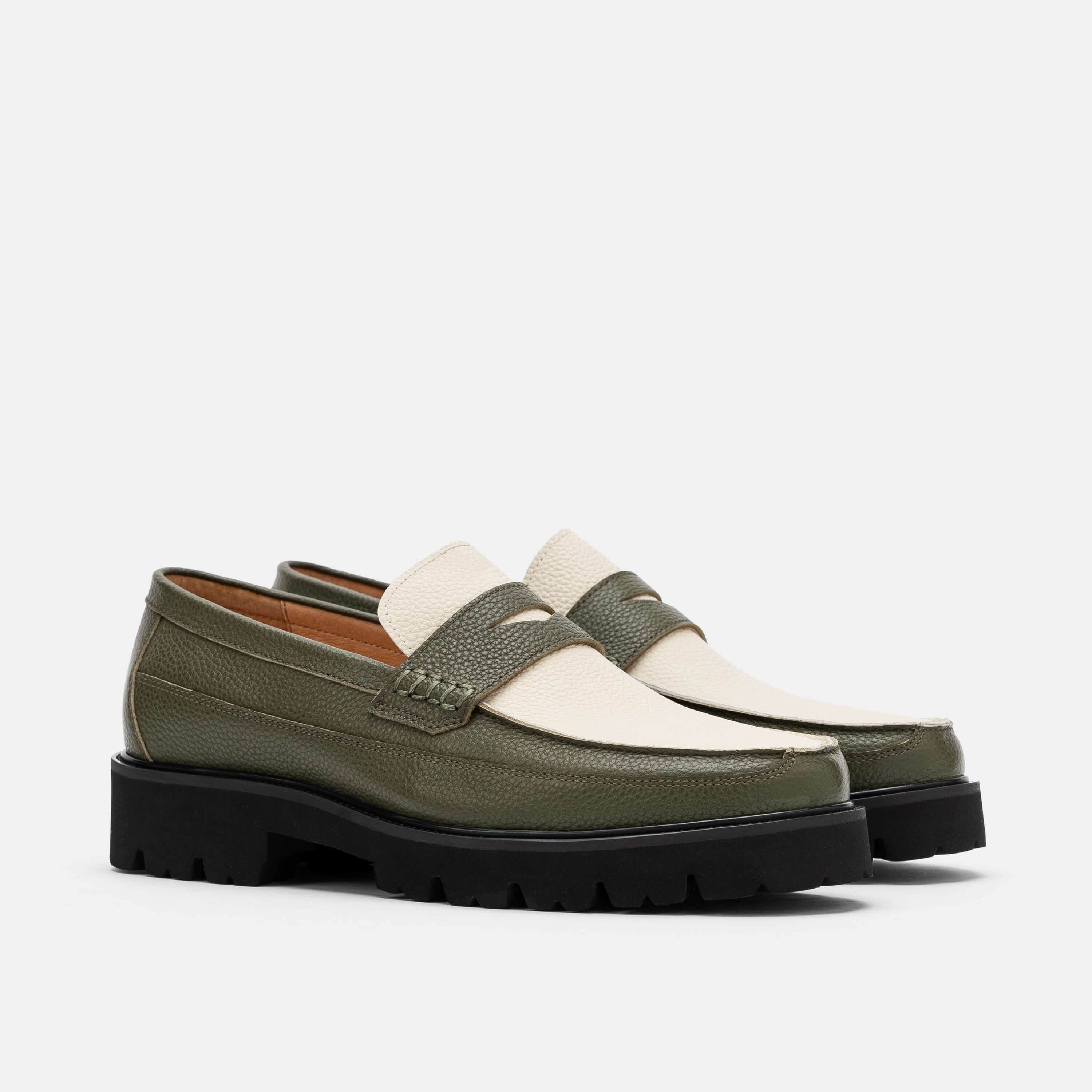 Adler Olive/White Leather Lug Penny Loafers - Image 2