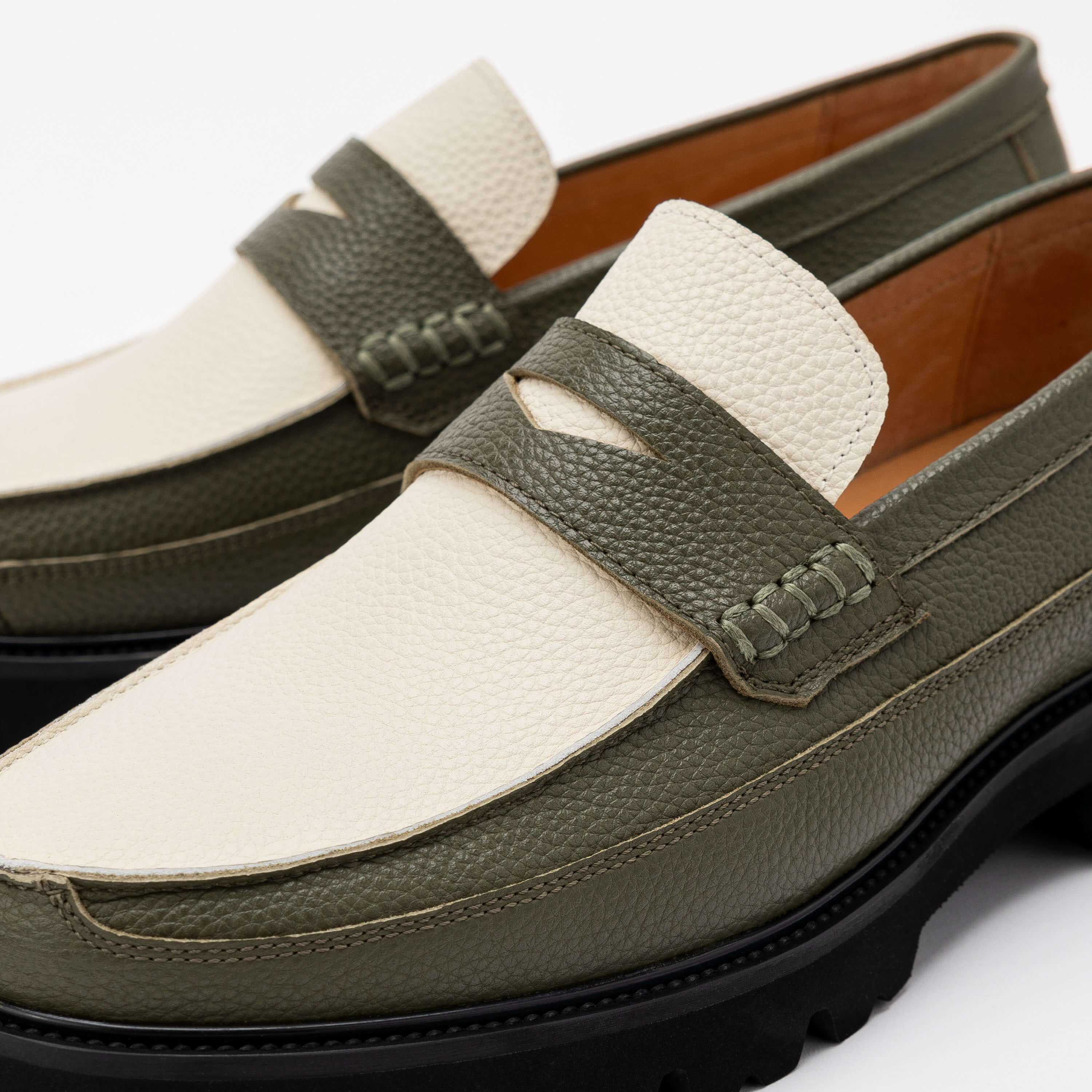 Adler Olive/White Leather Lug Penny Loafers - Image 3