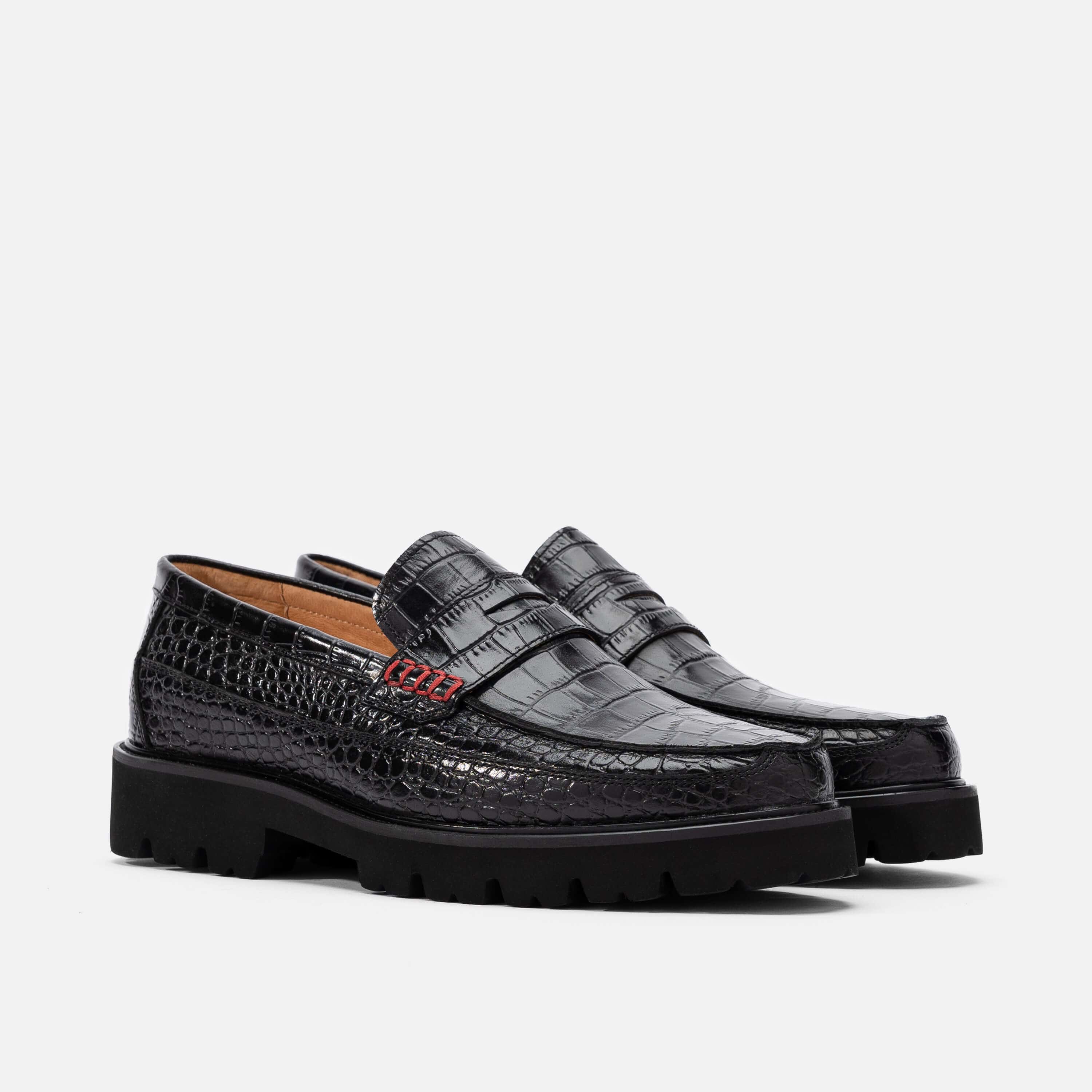 Adler Black Croc Leather Lug Penny Loafers - Image 2