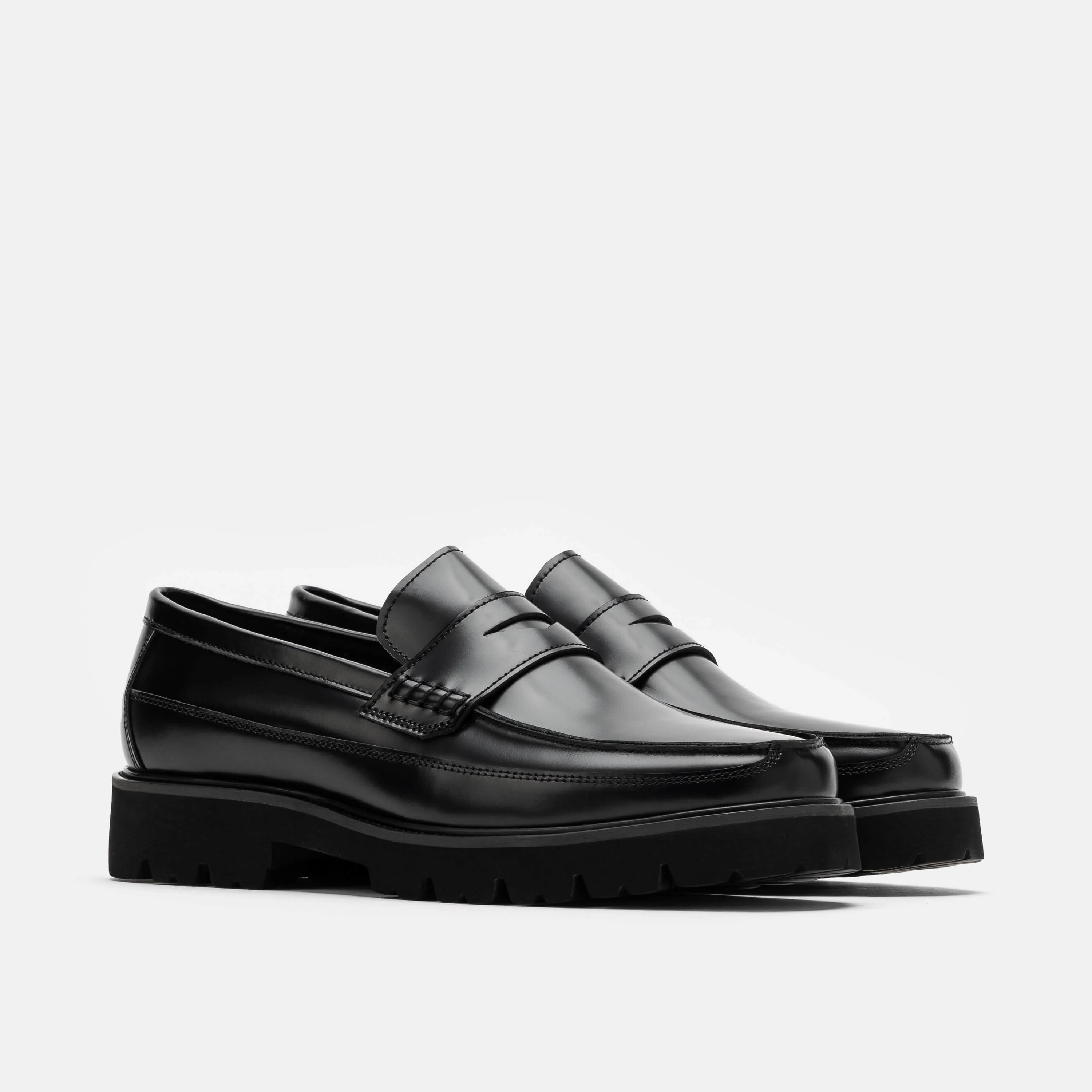Adler Black Leather Lug Penny Loafers - Image 2