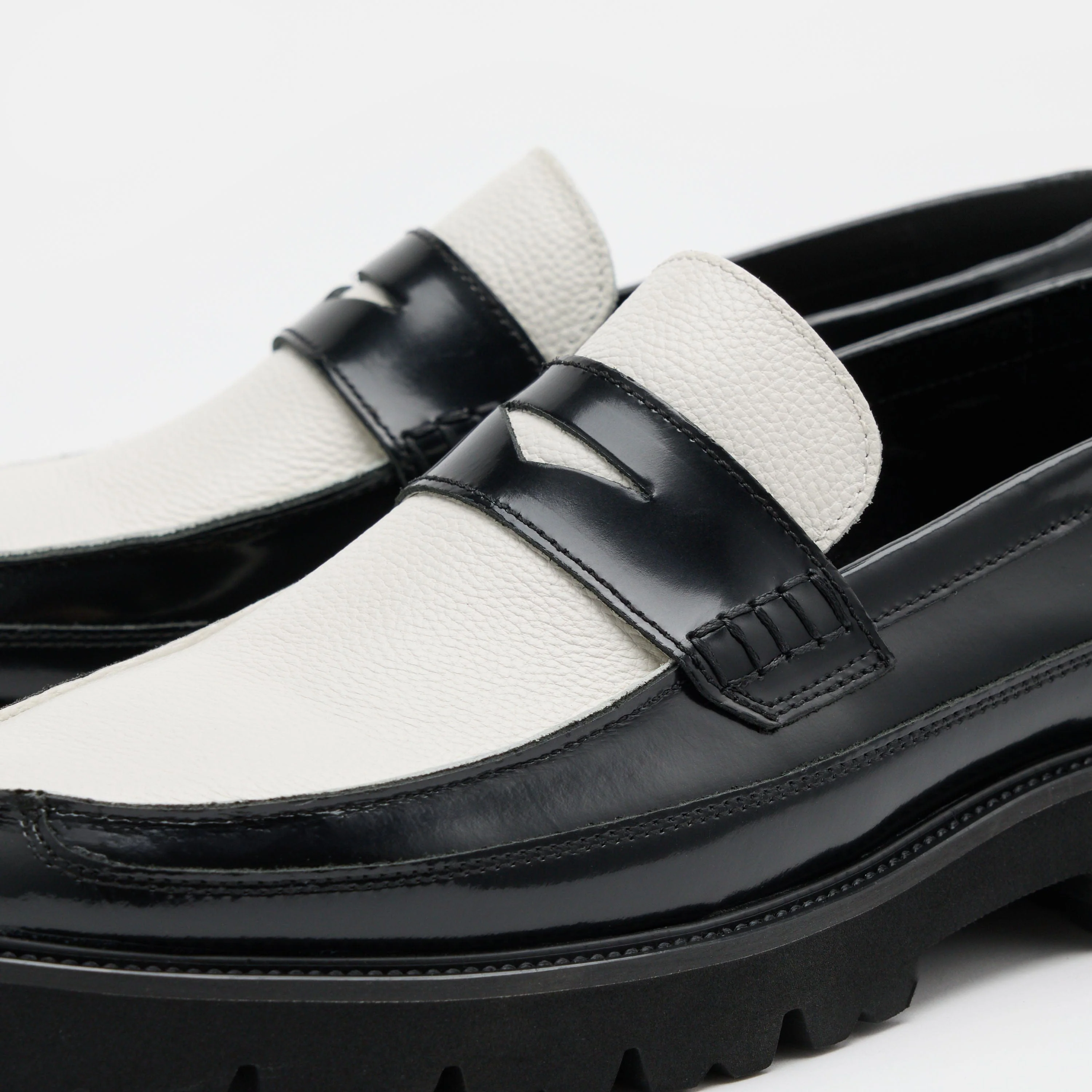 Adler Black/White Leather Lug Penny Loafers - Image 3