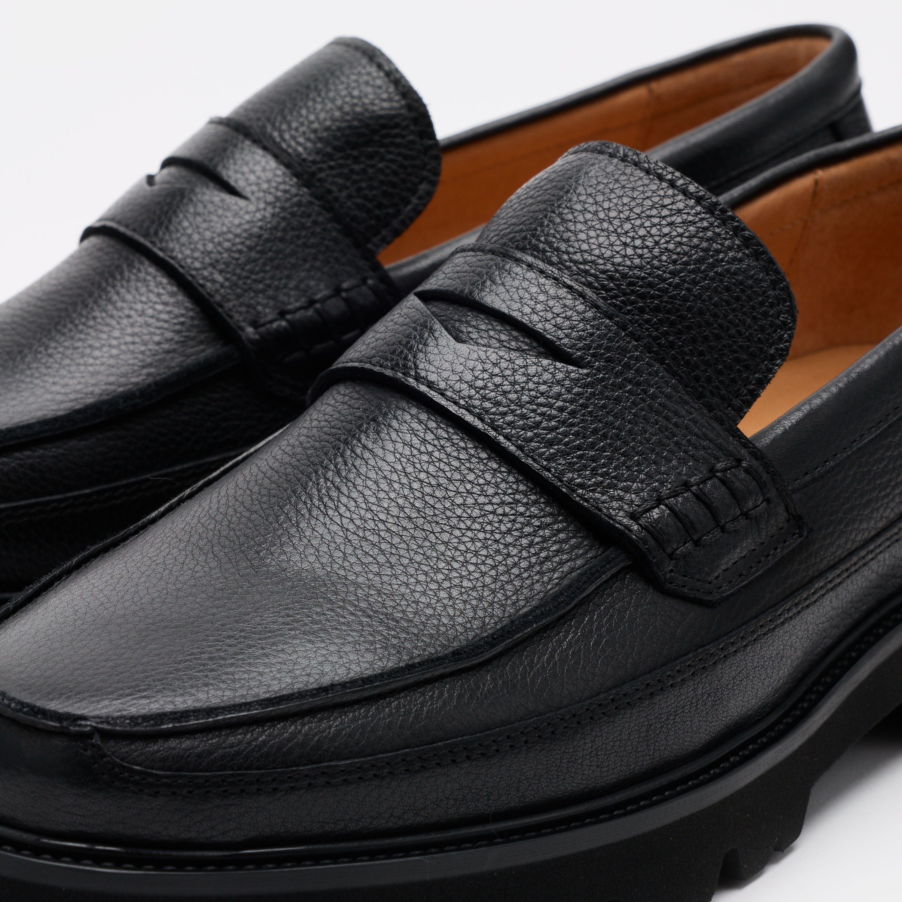 Adler Black Pebble Leather Lug Penny Loafers - Image 3