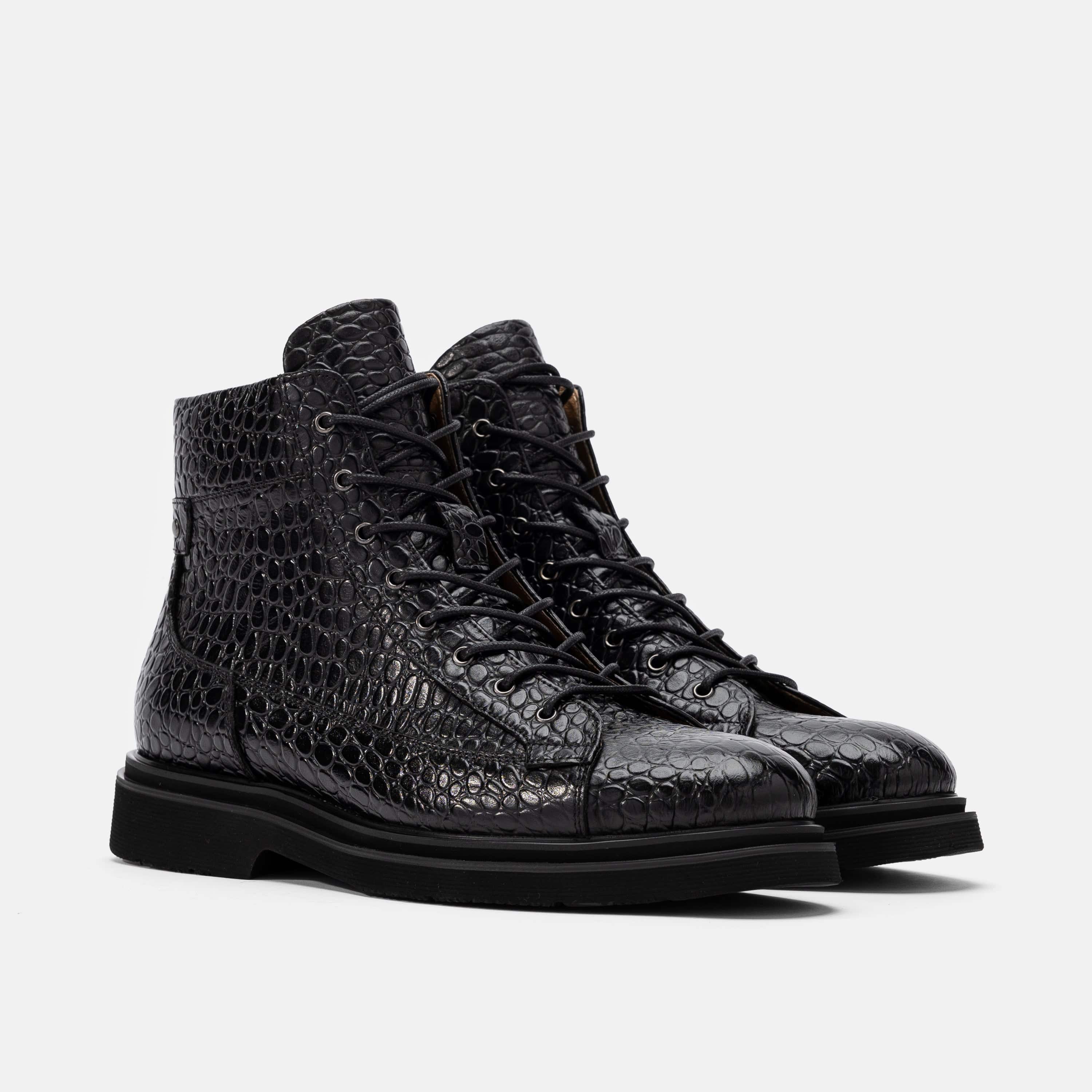 Aiden Black Croc Leather Combat Boots - Image 2