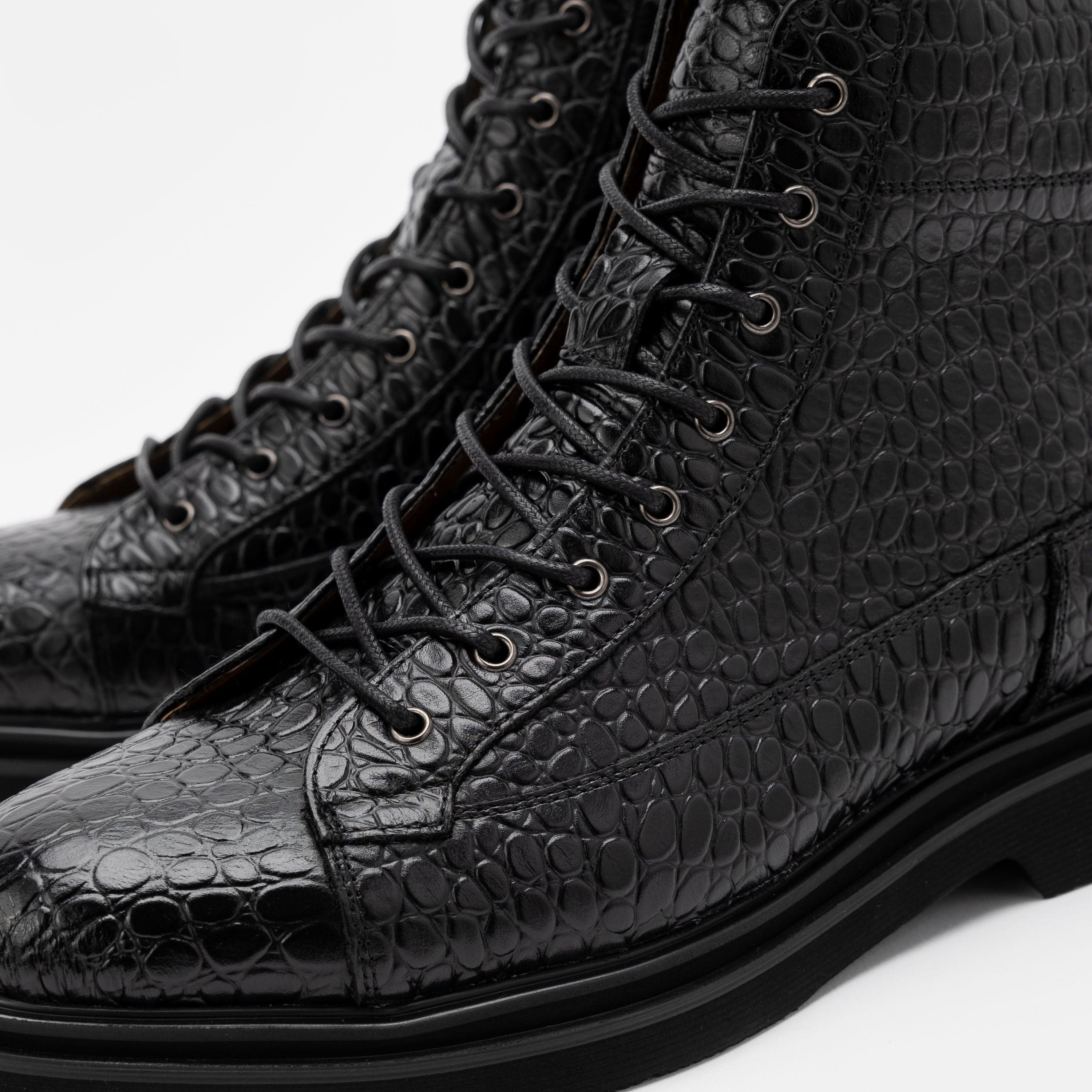 Aiden Black Croc Leather Combat Boots - Image 3