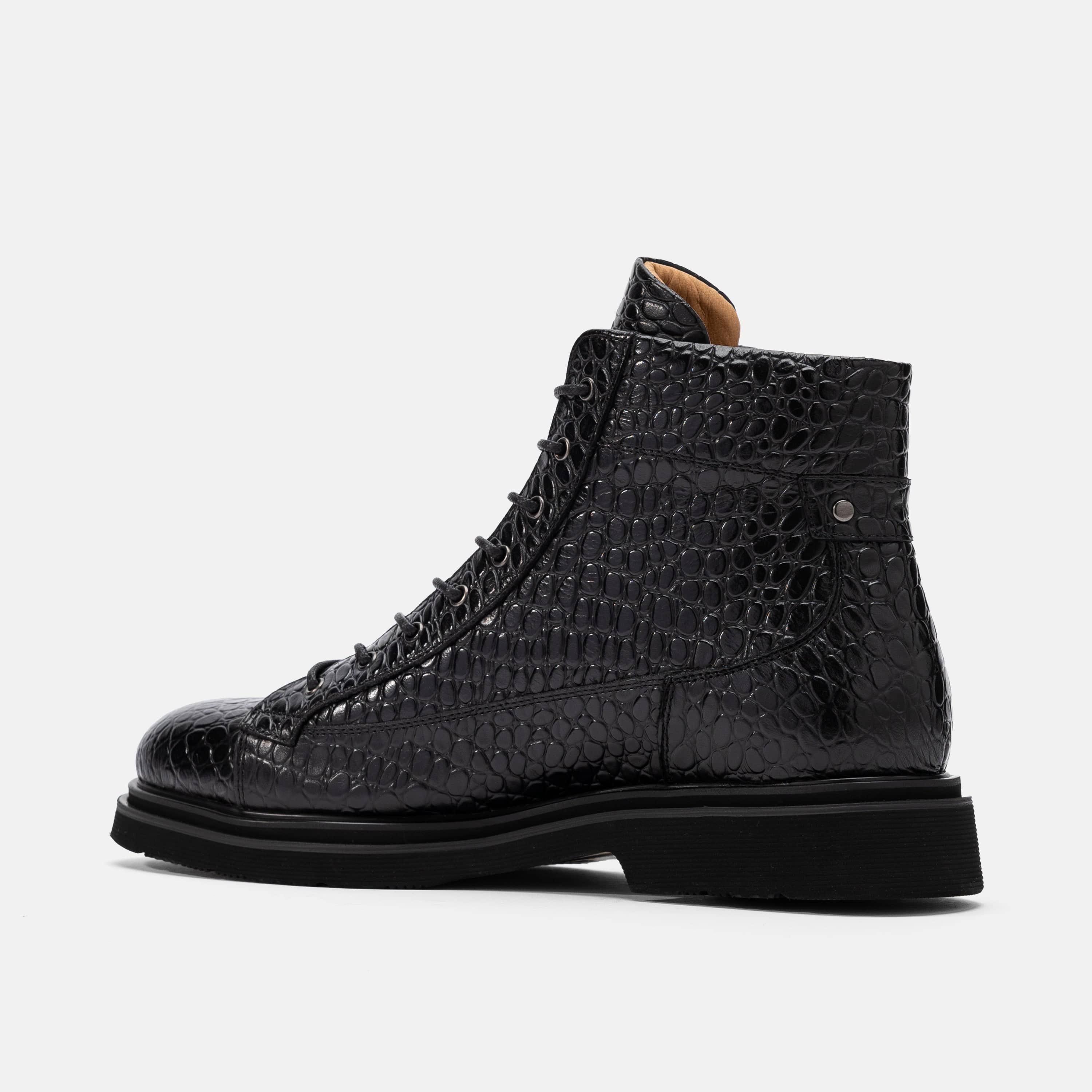 Aiden Black Croc Leather Combat Boots - Image 4