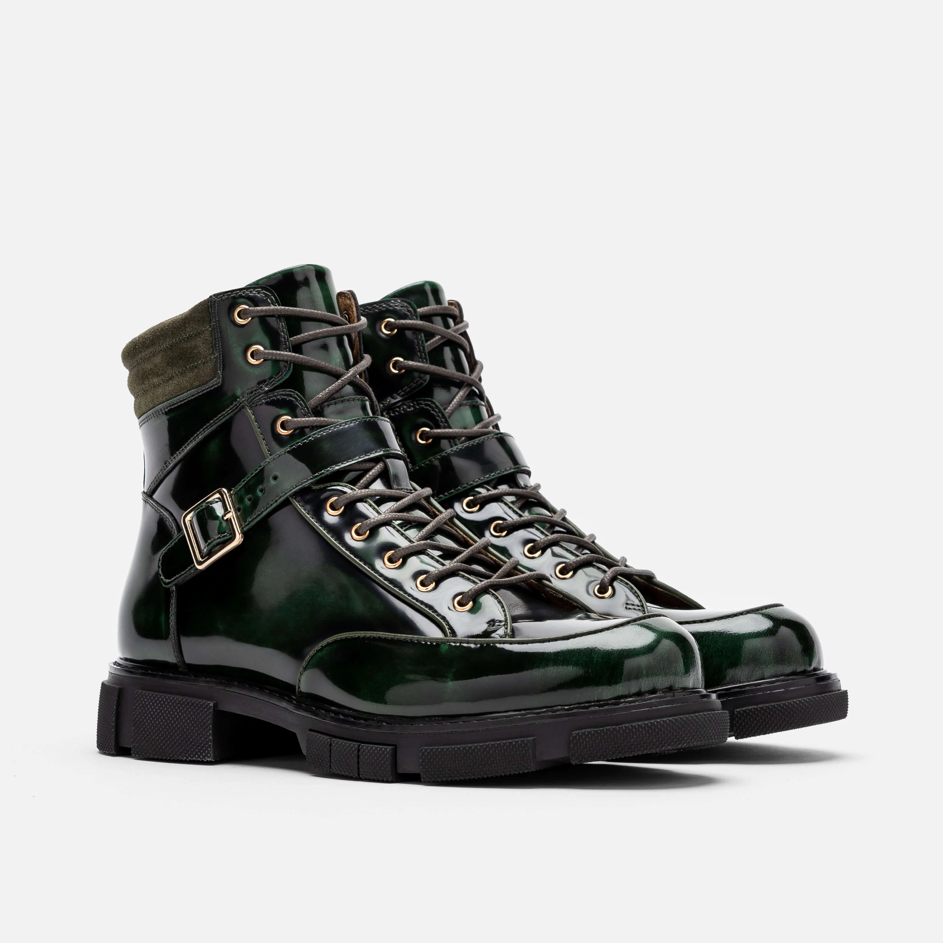 Atlas Dark Green Patent Leather Strap Boots - Image 2