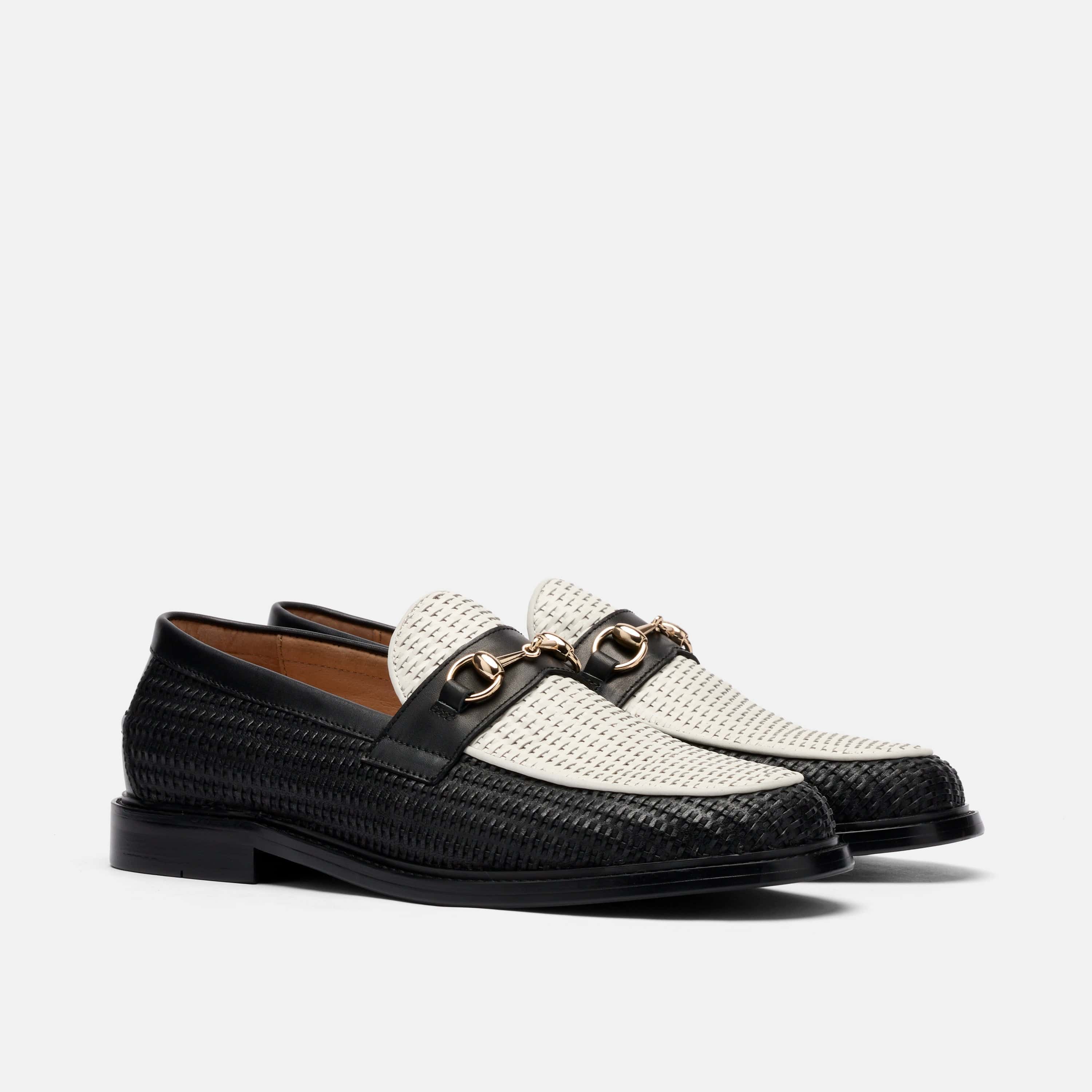 Boardwalk Black/White Woven Leather Horse-Bit Loafers - Image 2