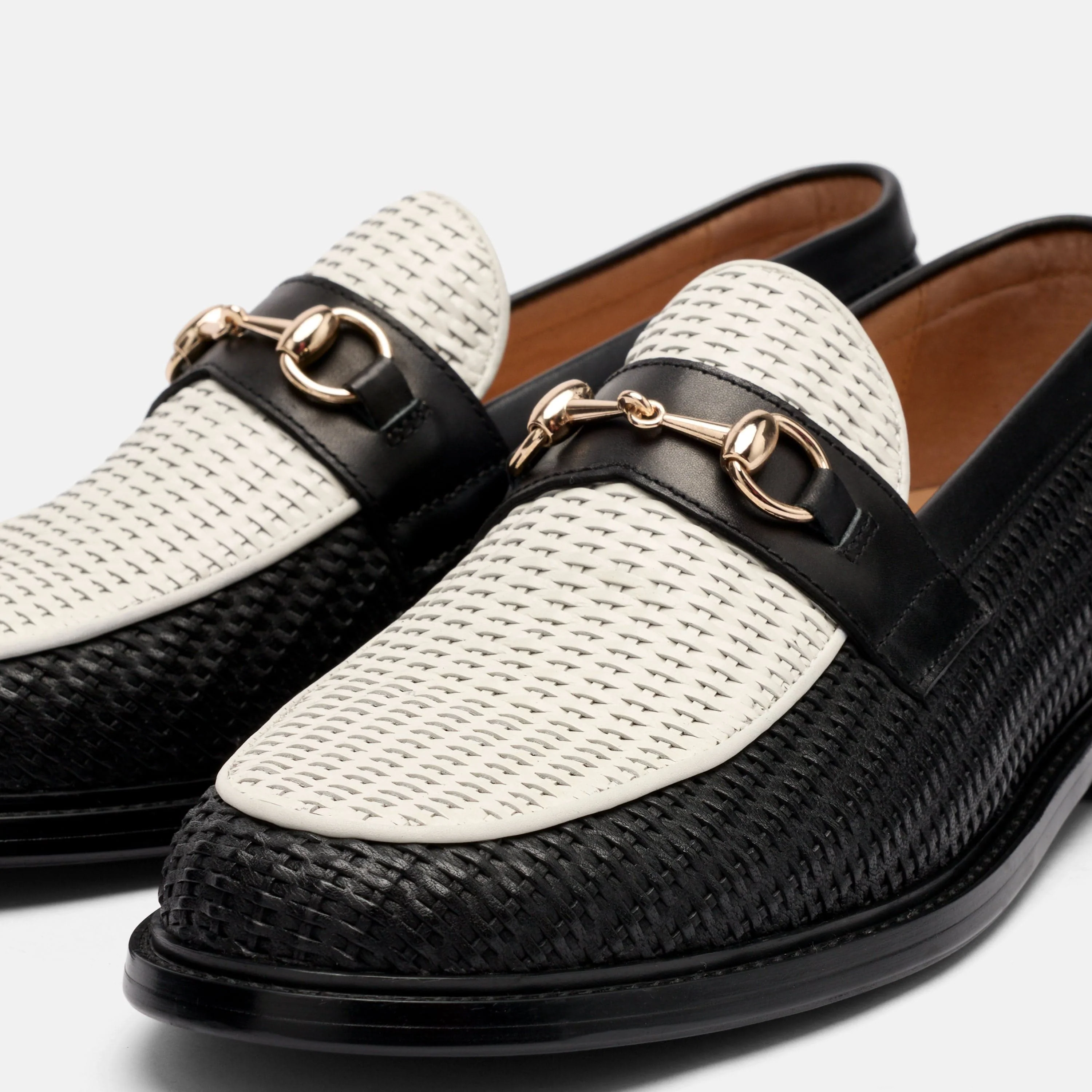 Boardwalk Black/White Woven Leather Horse-Bit Loafers - Image 3