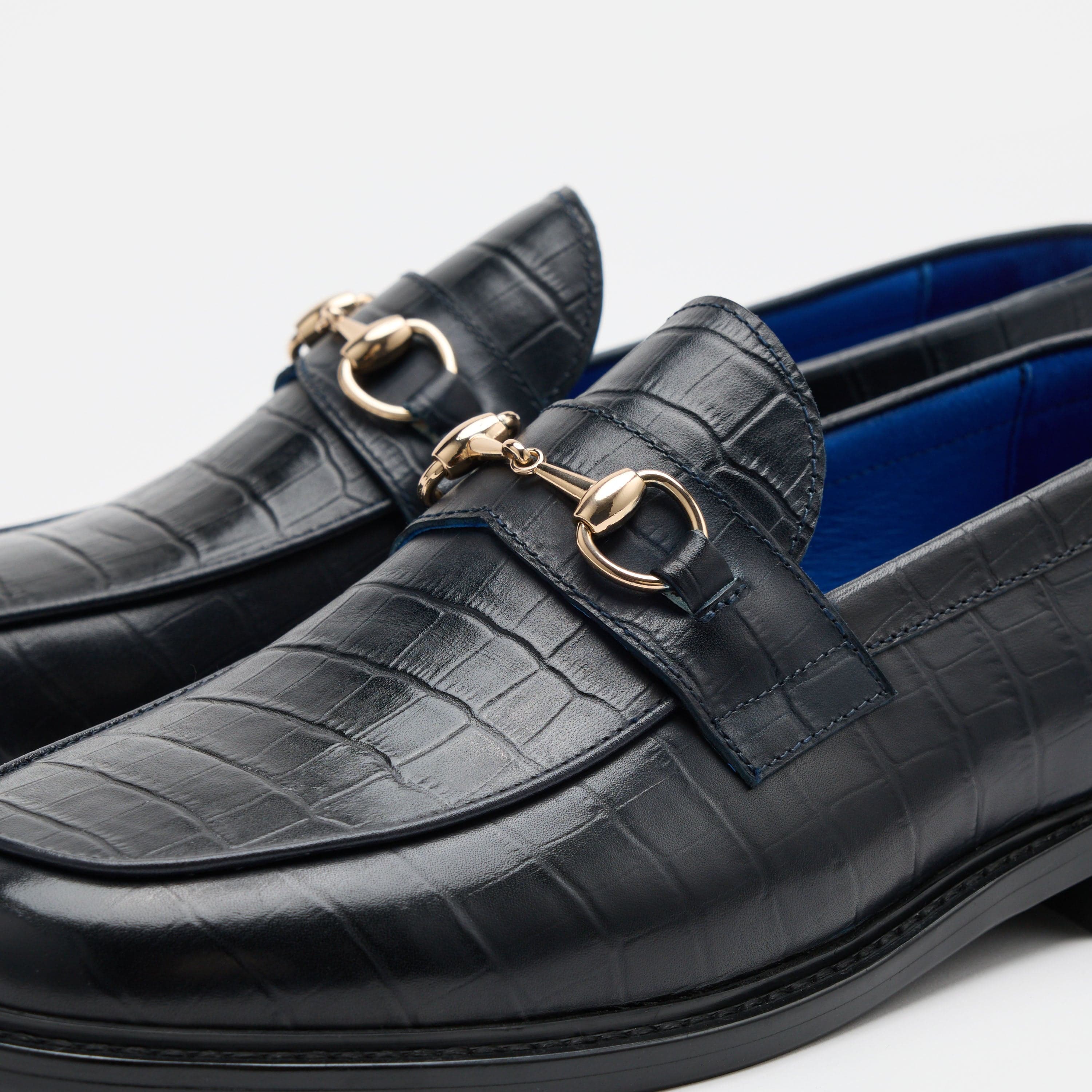 Boardwalk Navy Croc Leather Horse-Bit Loafers - Image 3