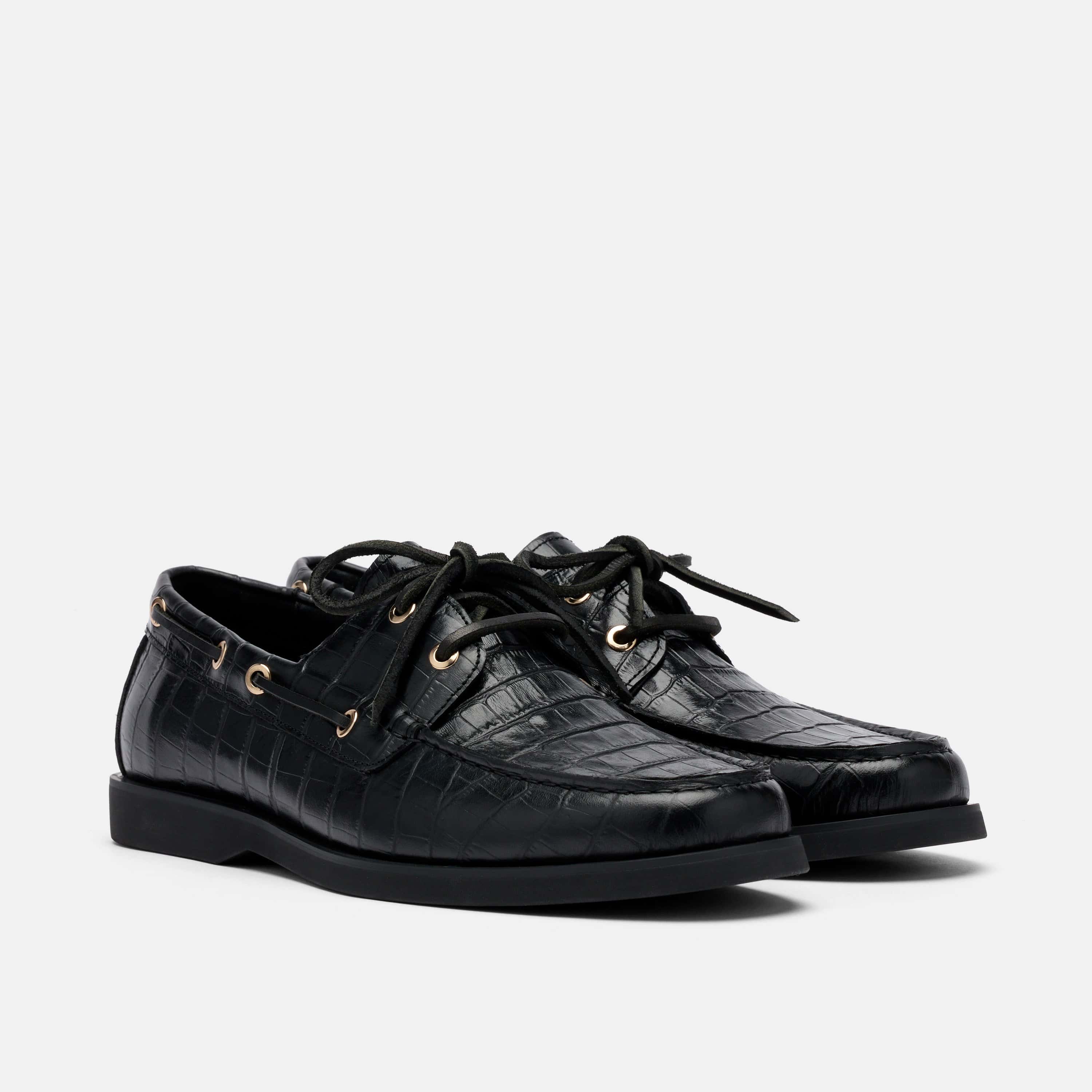 Capri Black Croc Leather Boat Shoes - Image 2