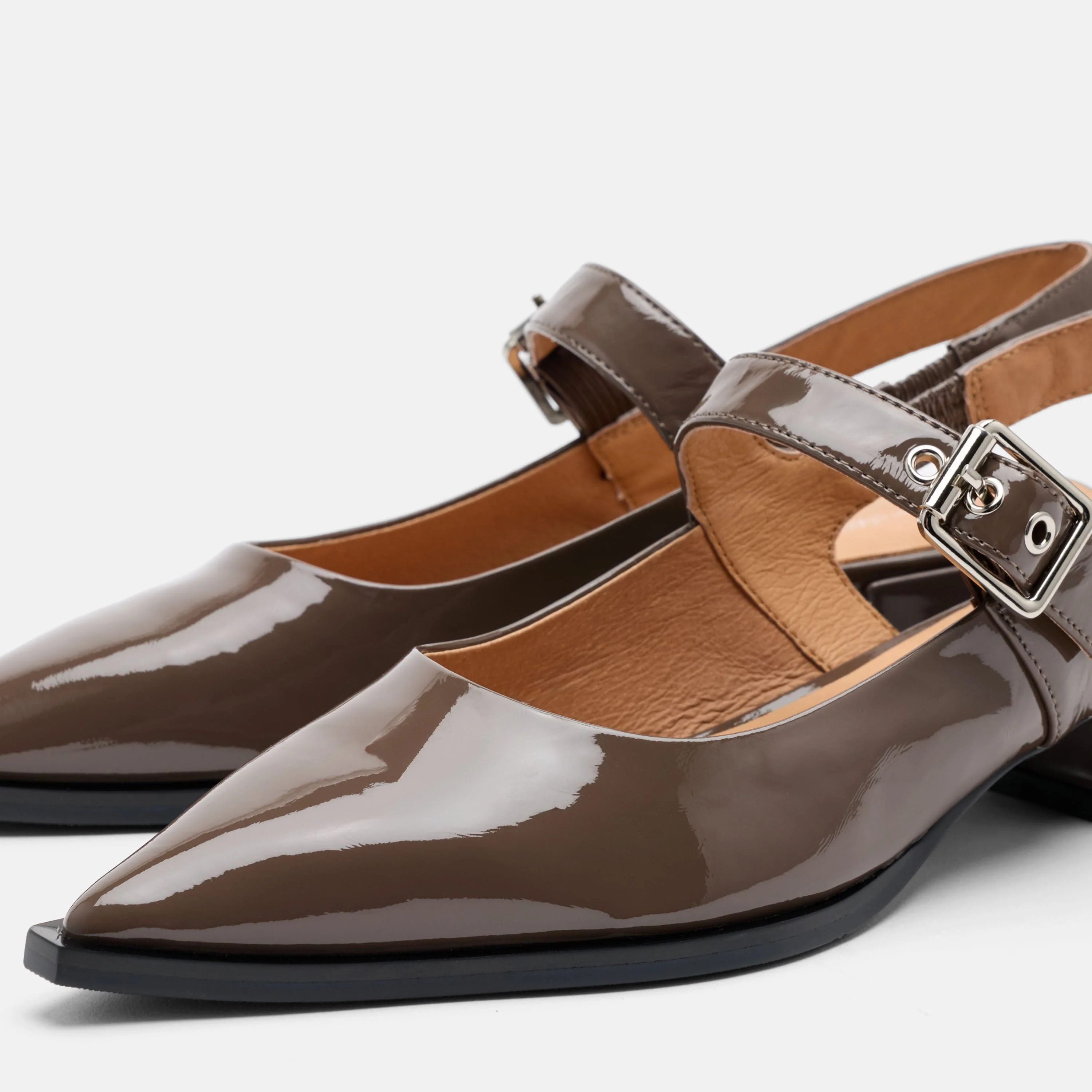Chelsea Taupe Patent Leather Slingback Block Heels - Image 3