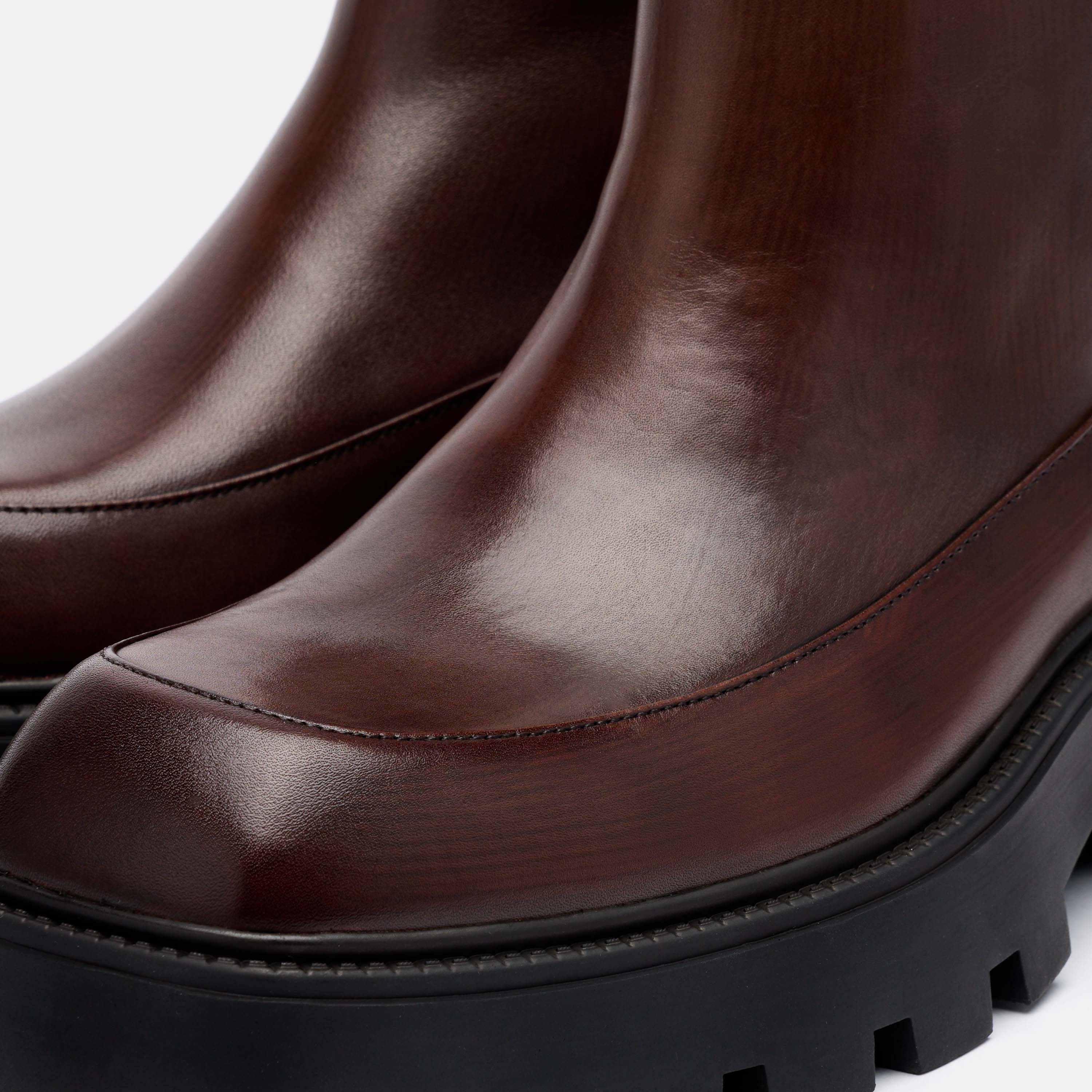Commander Brown Burnished Leather Square Toe Side Zip Boots - Image 3