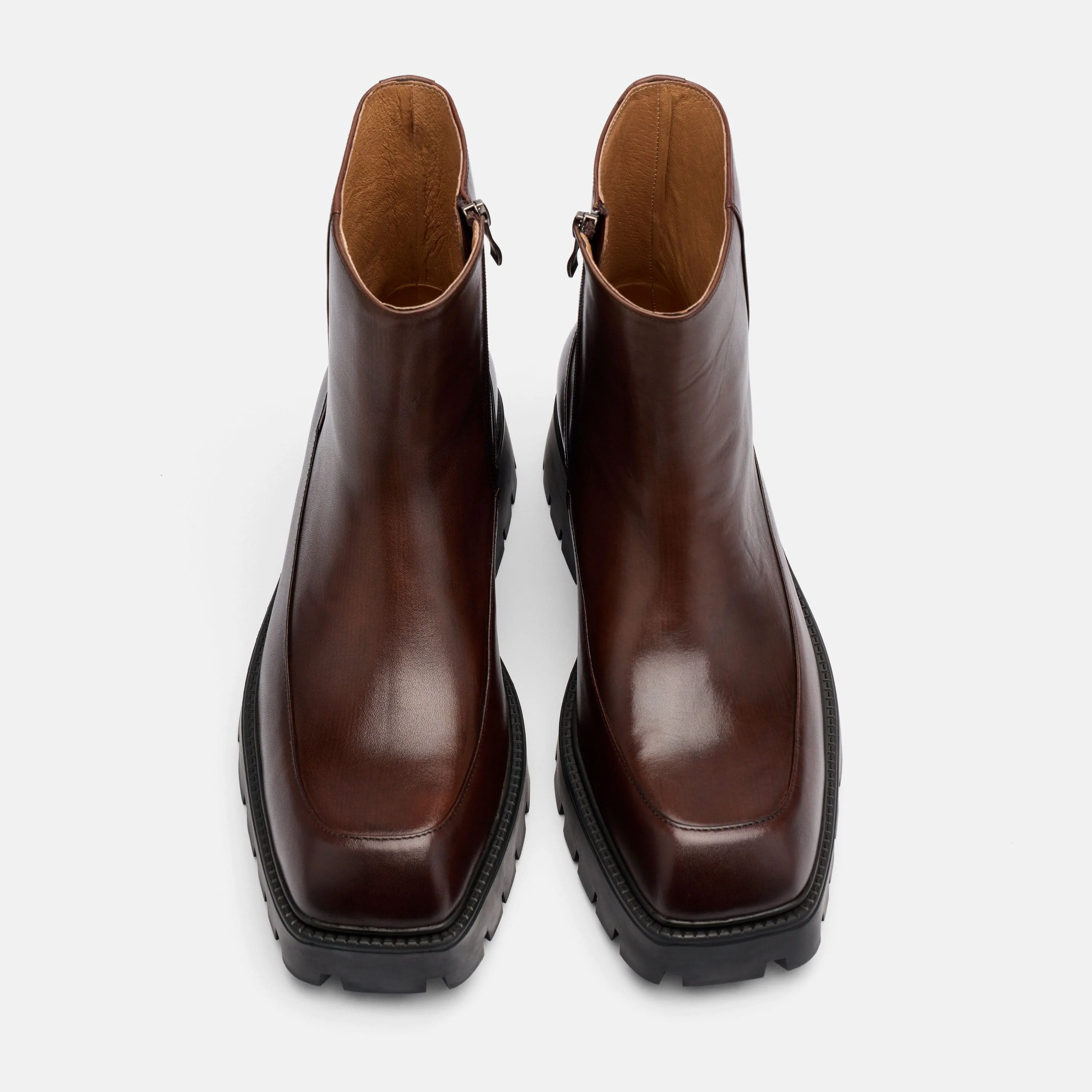 Commander Brown Burnished Leather Square Toe Side Zip Boots - Image 5