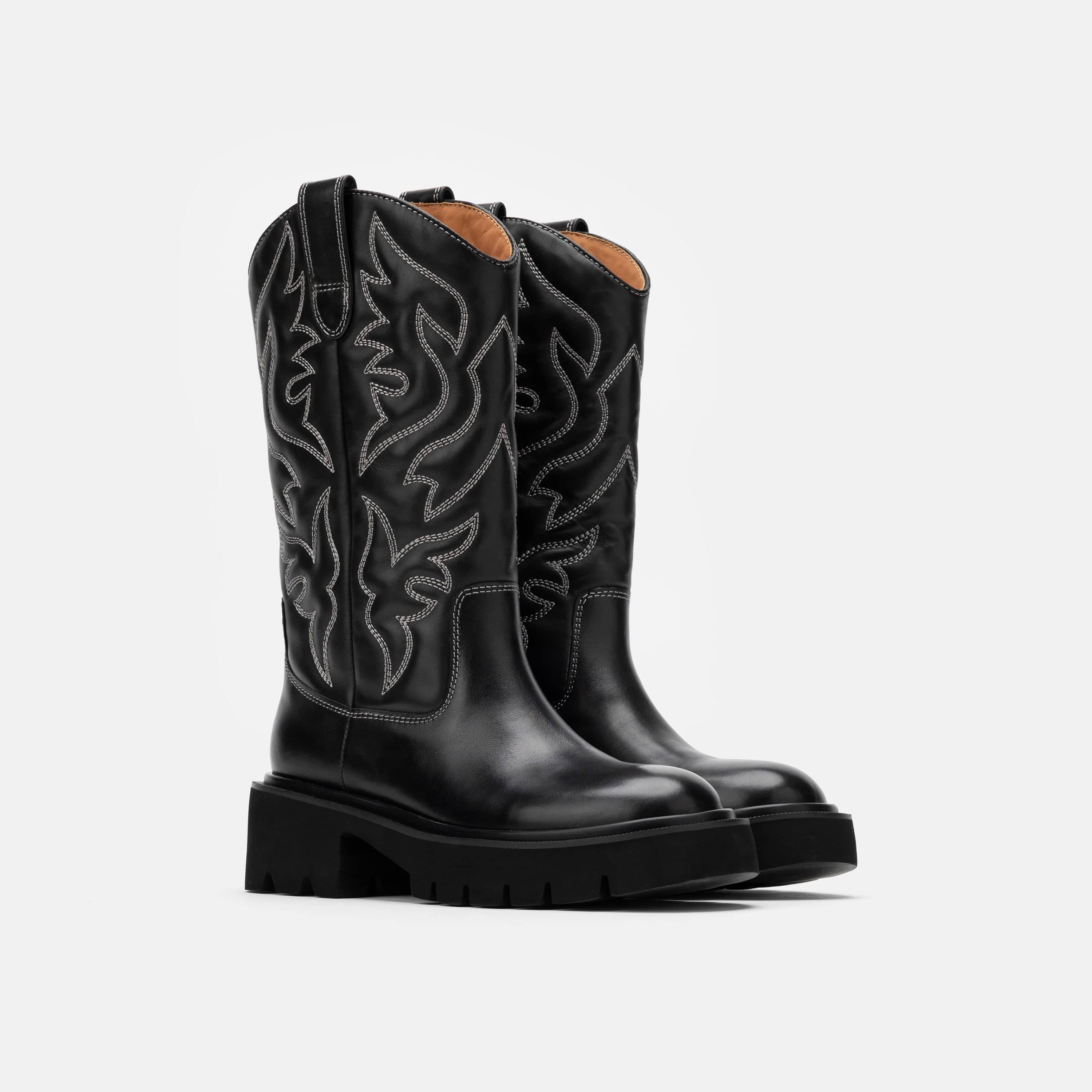 Daisy Black Leather Lug Cowgirl Boots - Image 2