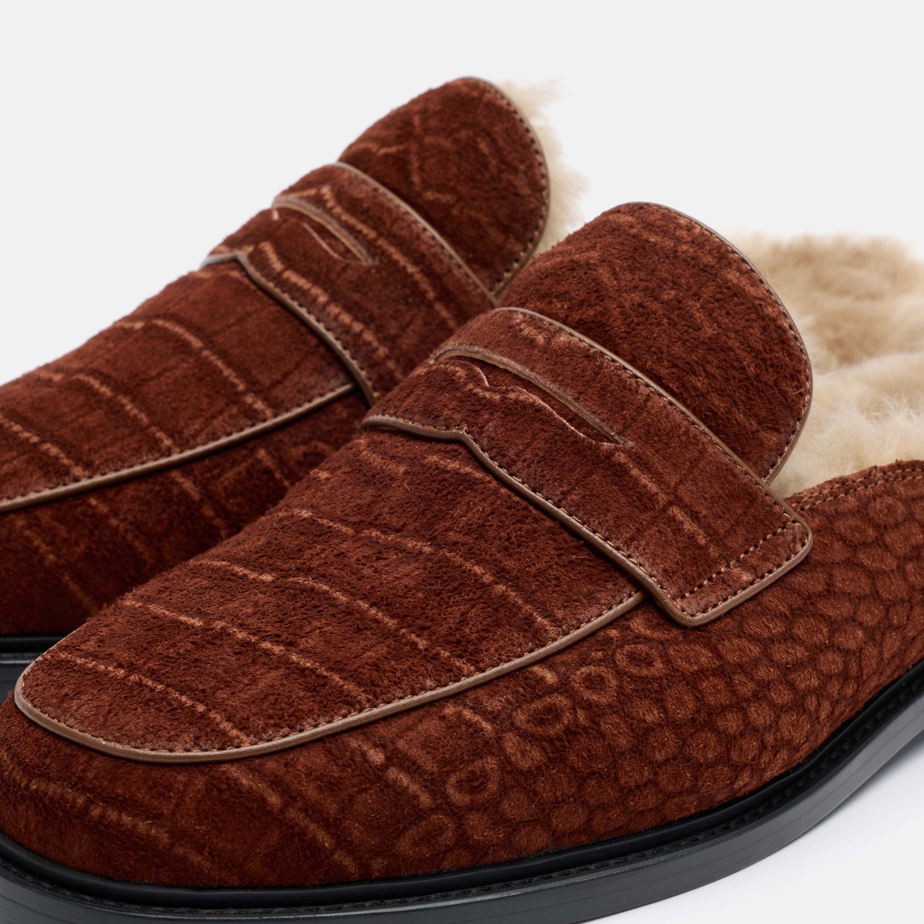 Del Mar Brown Croc Suede Loafer Mules - Image 3