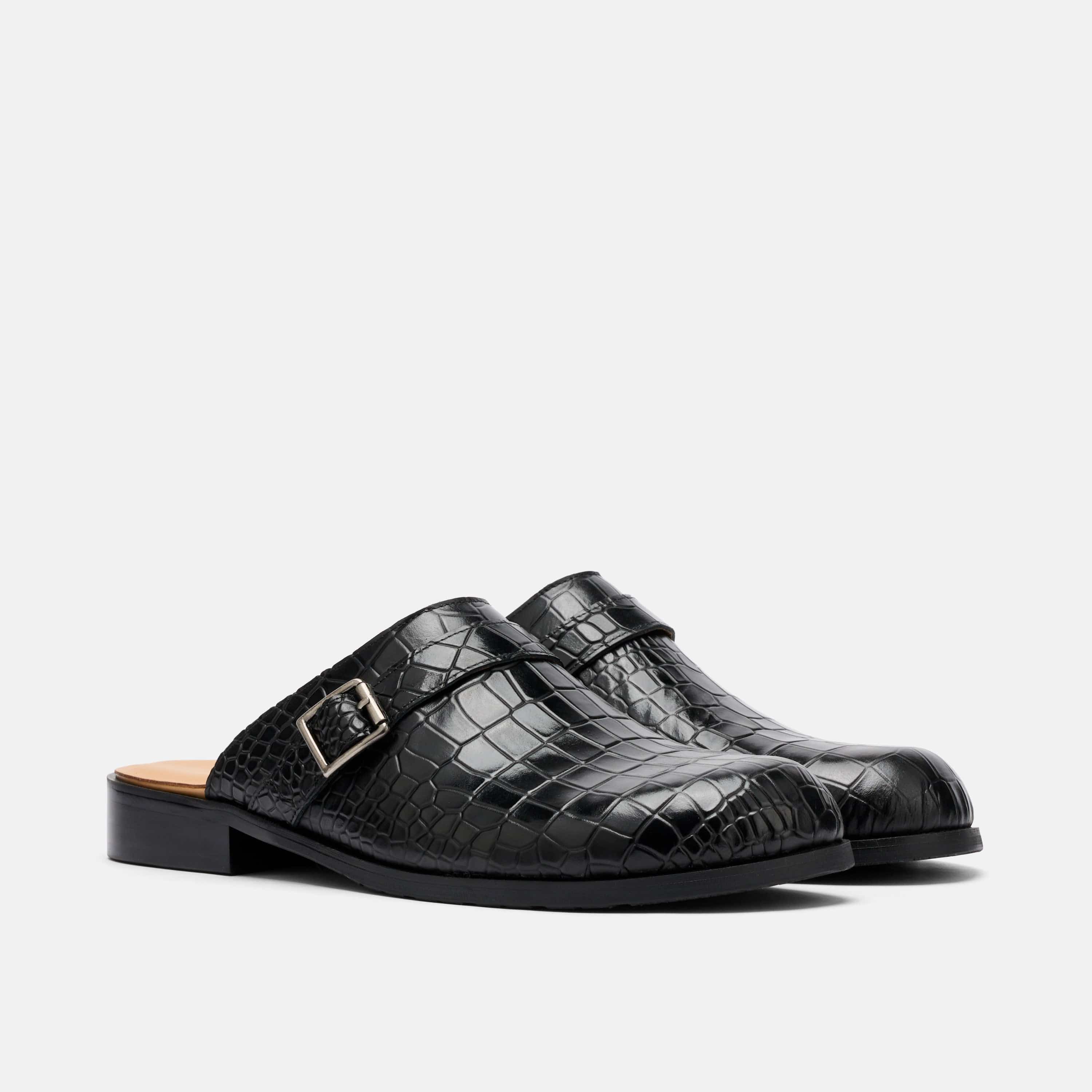 Diego Black Croc Leather Strap Mules - Image 2