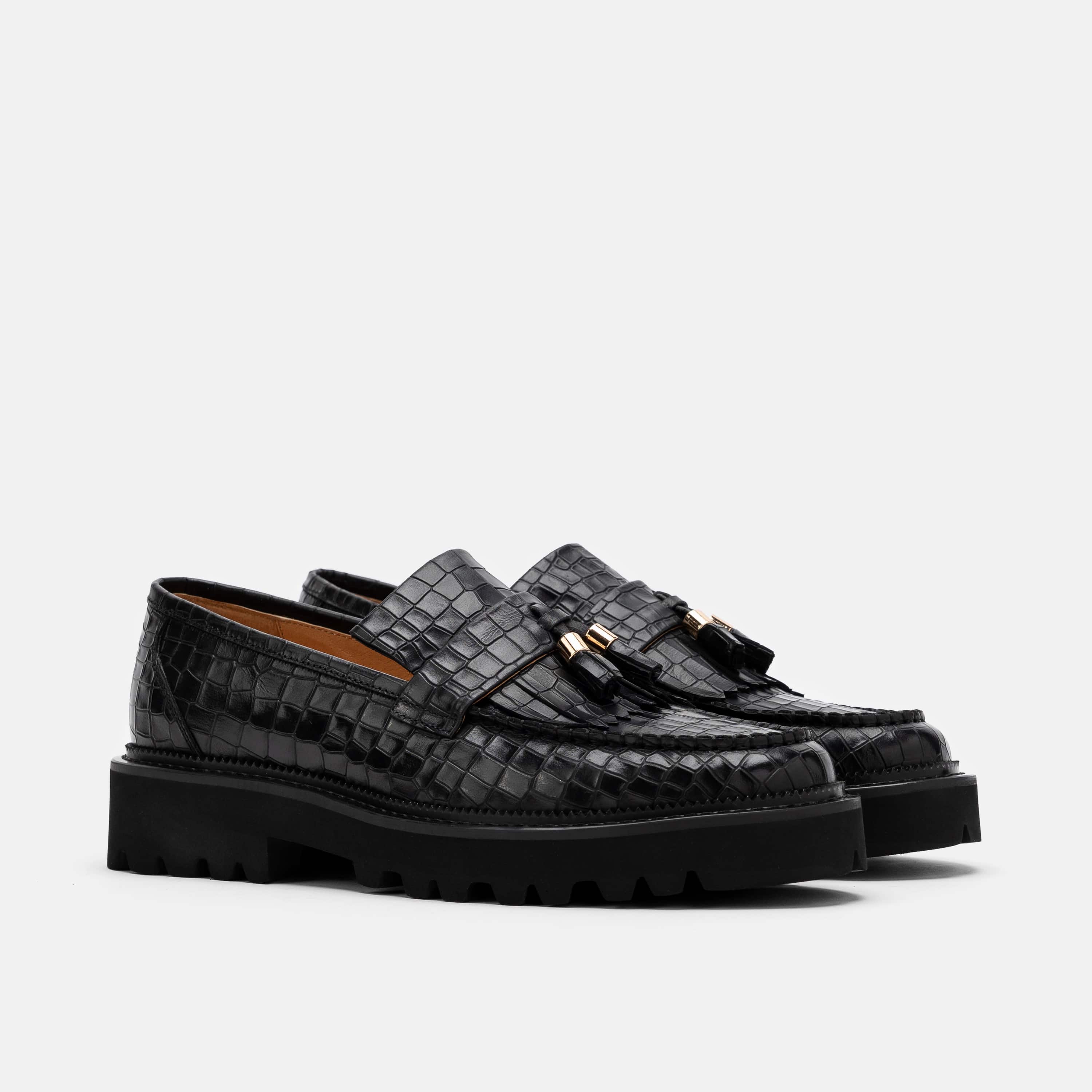 Journey Black Croc Leather Lug Tassel Loafer - Image 2