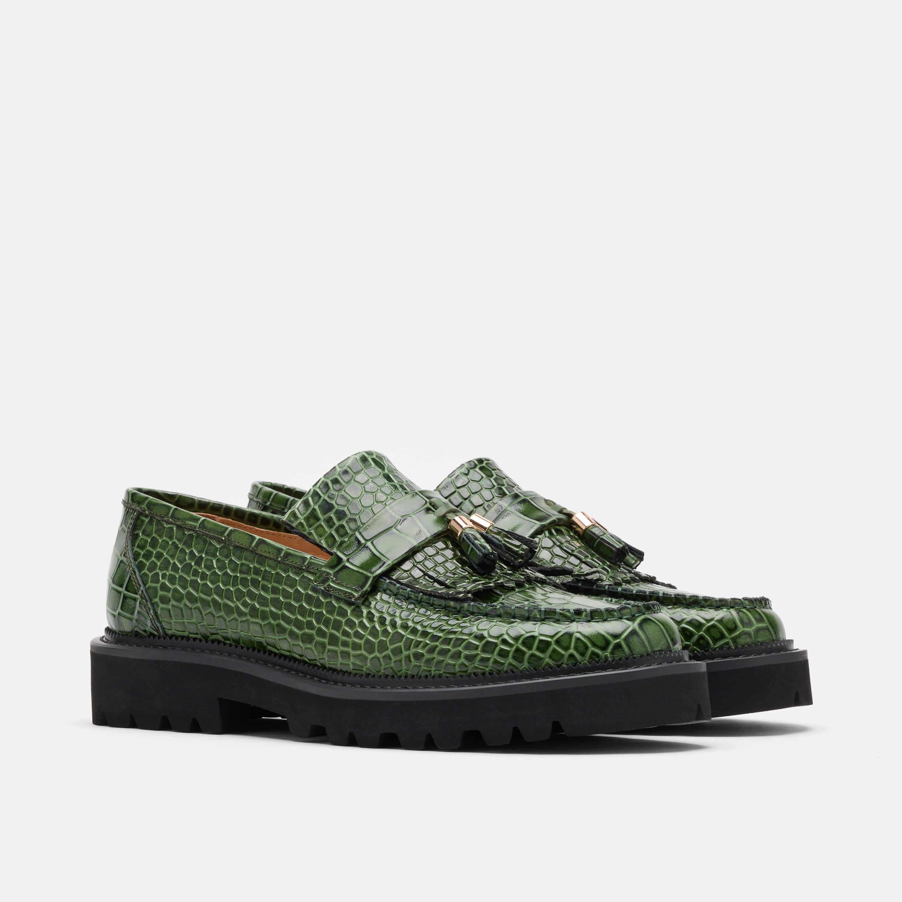 Journey Green Croc Leather Lug Tassel Loafer - Image 2