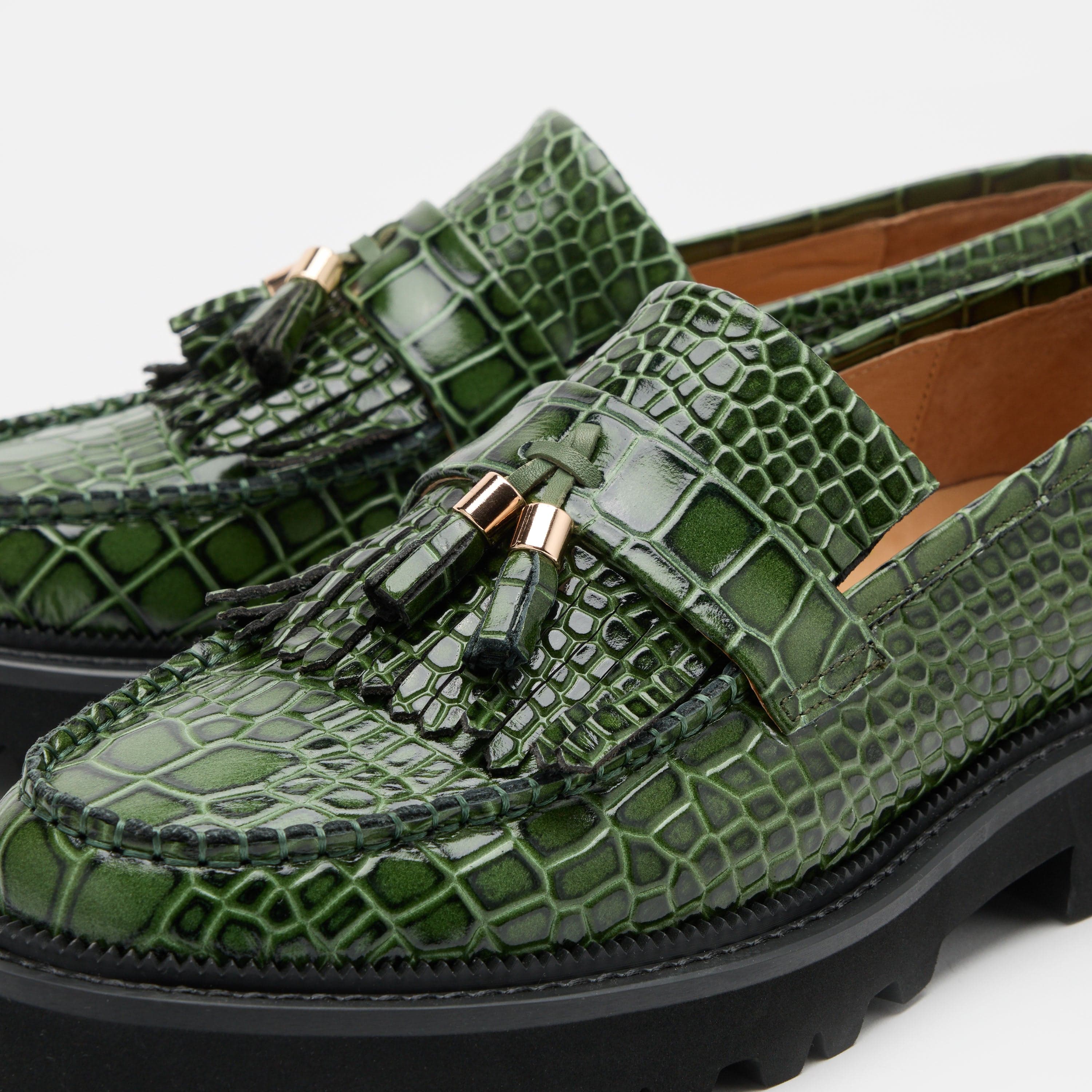 Journey Green Croc Leather Lug Tassel Loafer - Image 3