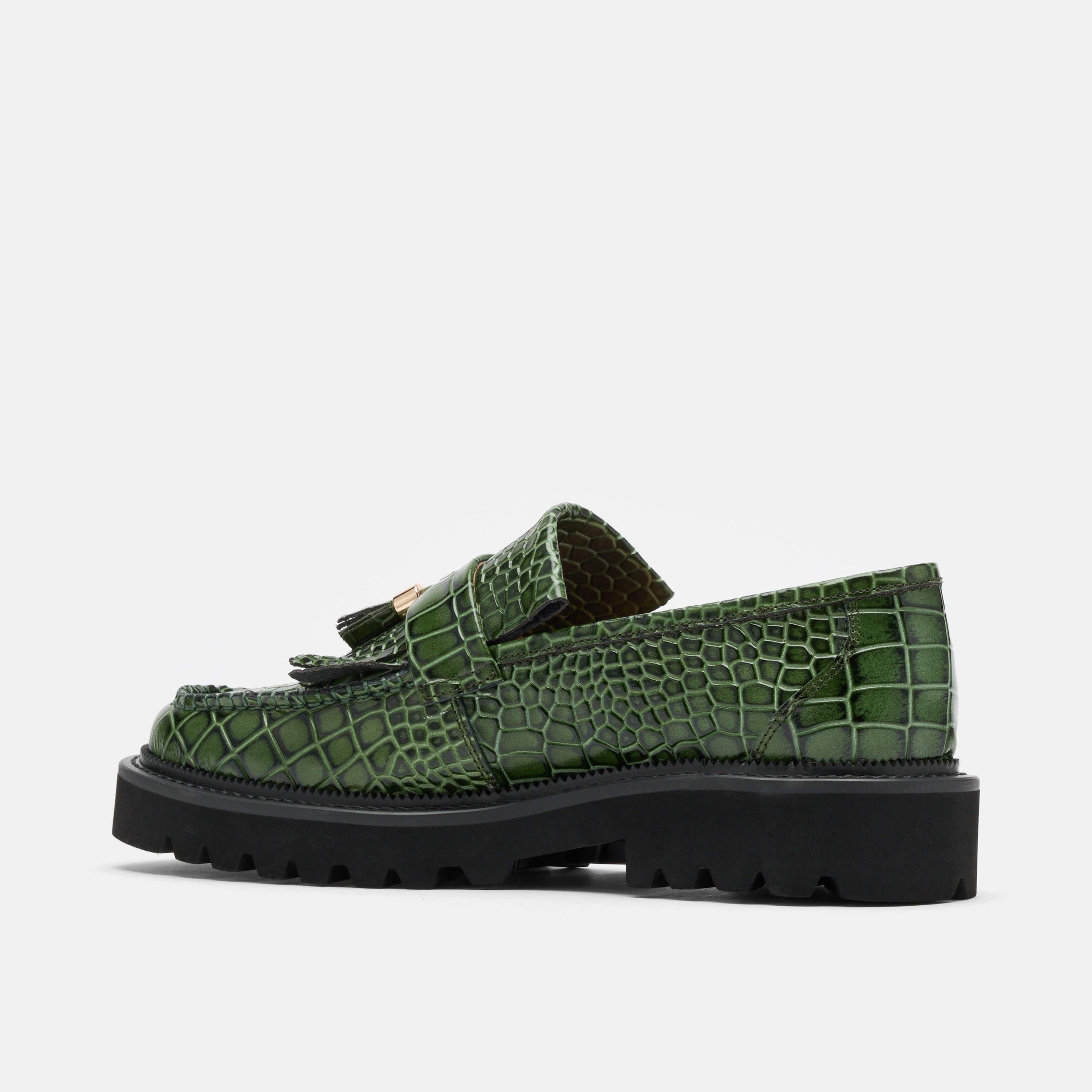 Journey Green Croc Leather Lug Tassel Loafer - Image 4