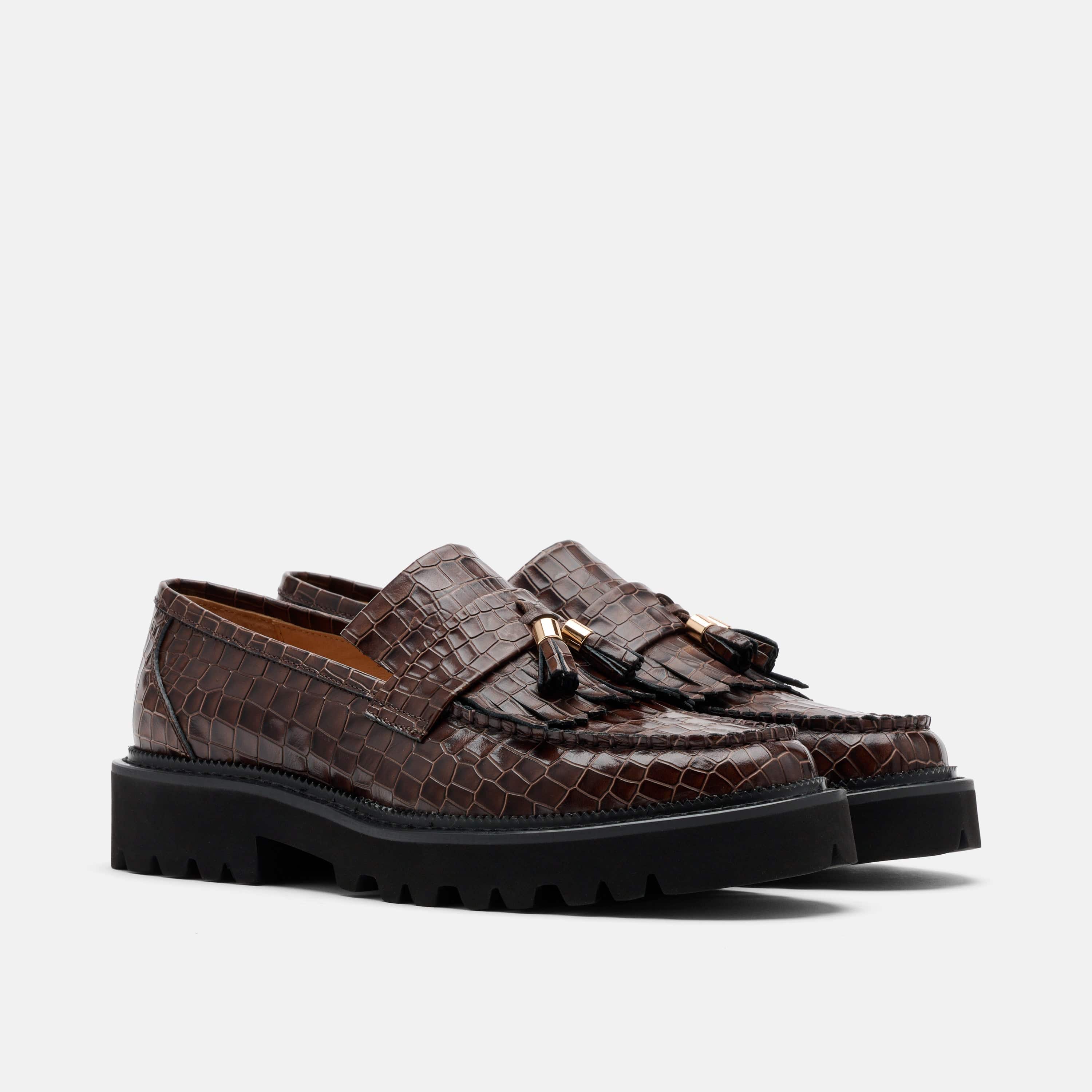 Journey Brown Croc Leather Lug Tassel Loafer - Image 2