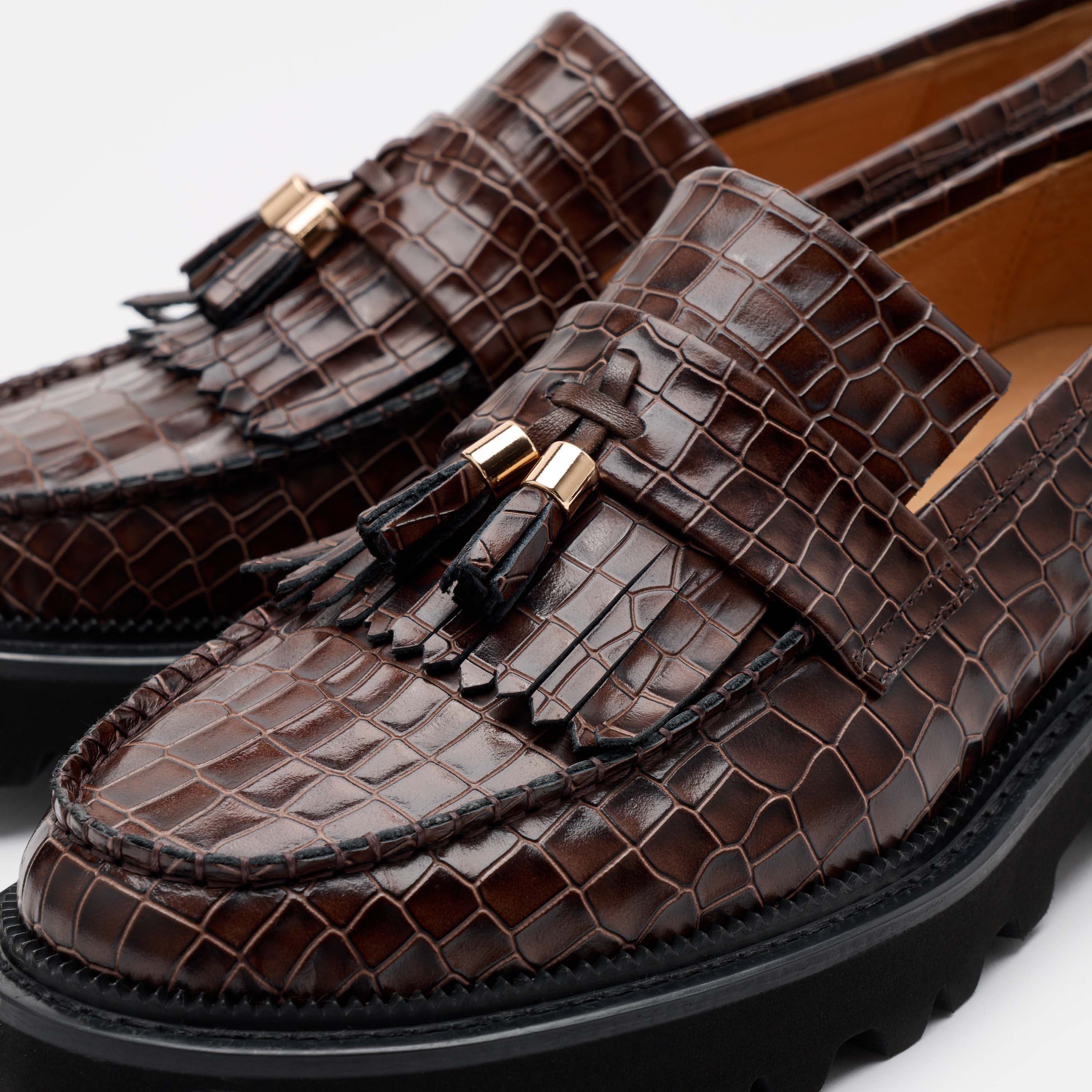 Journey Brown Croc Leather Lug Tassel Loafer - Image 3
