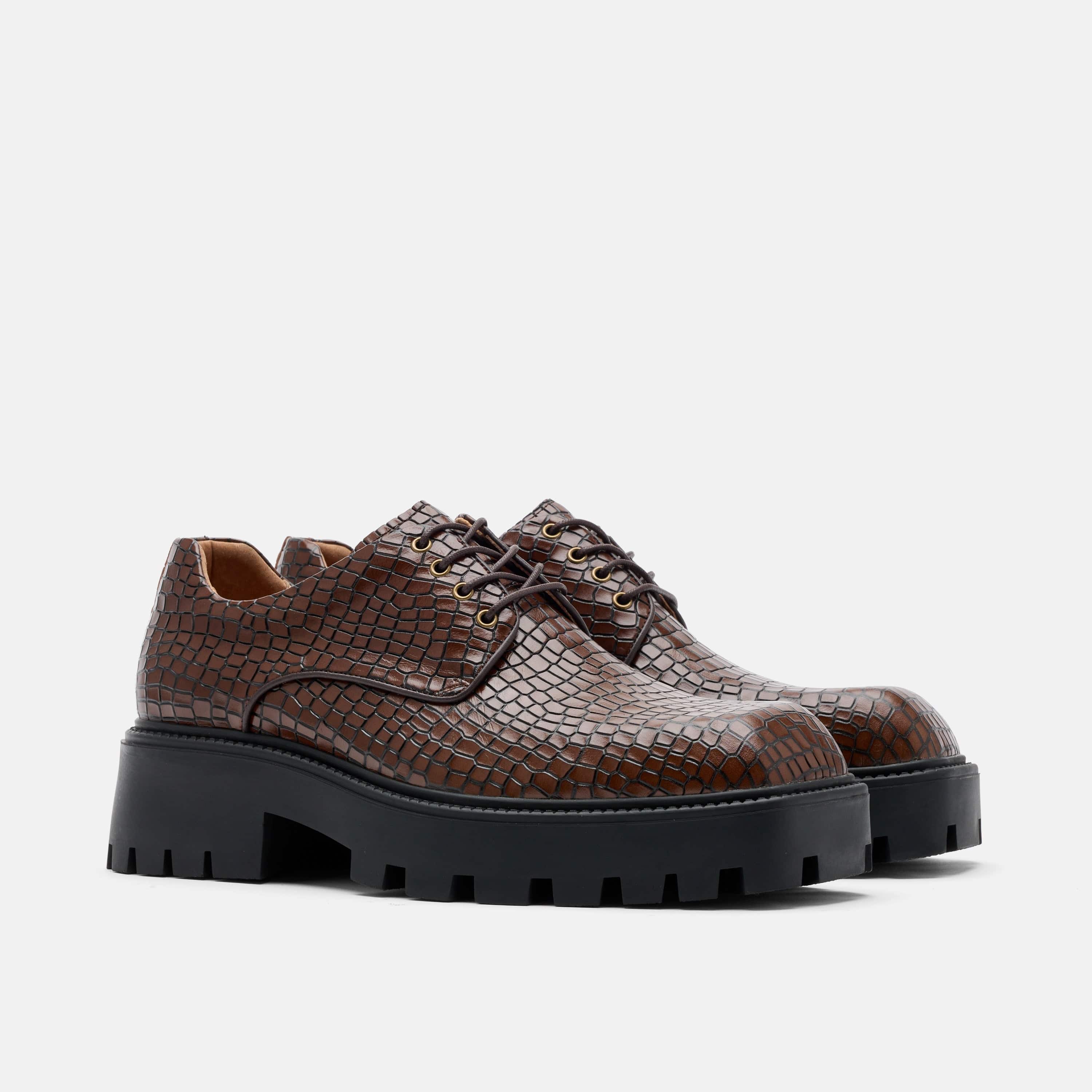 Kryos Brown Croc Leather Lug Derbys - Image 2