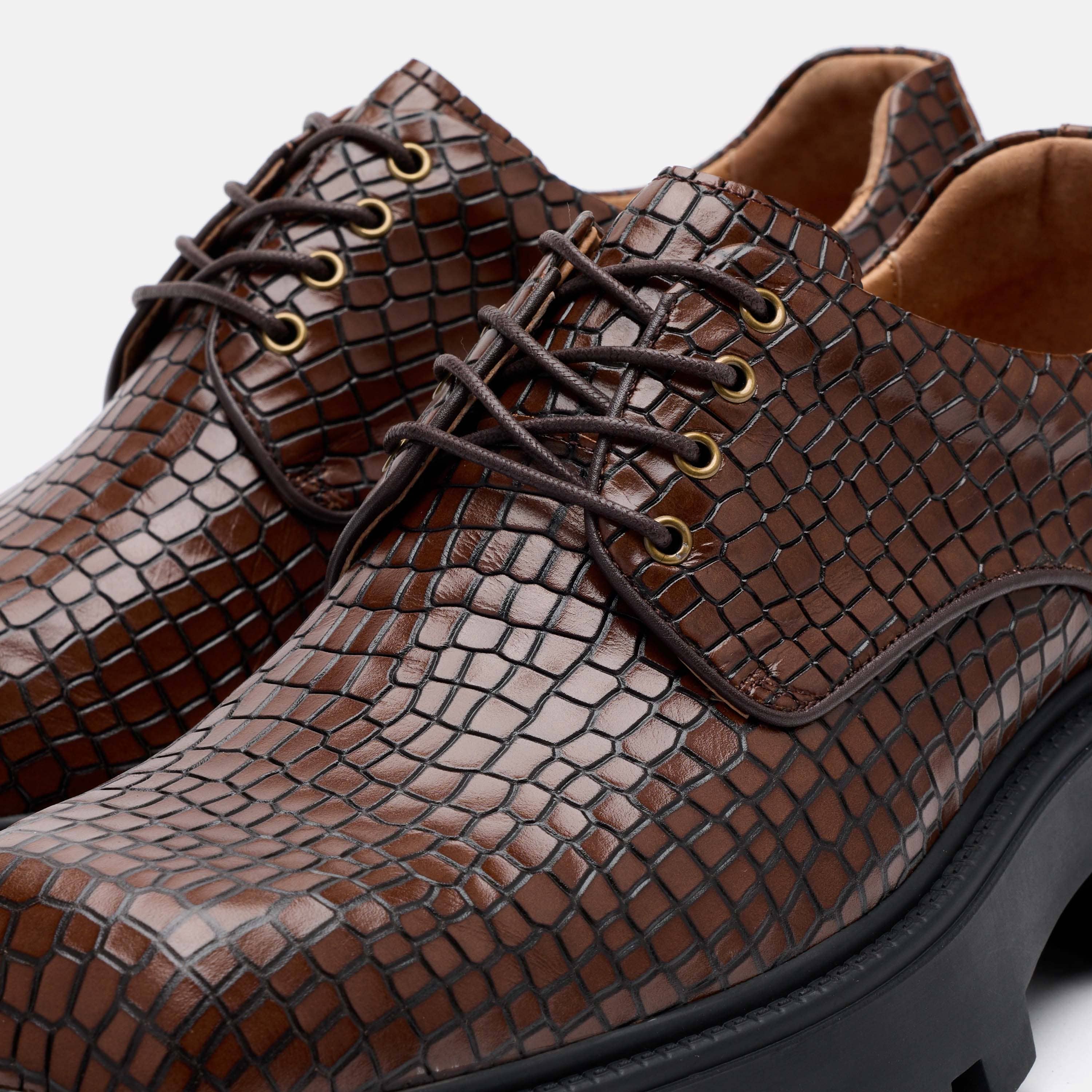 Kryos Brown Croc Leather Lug Derbys - Image 3