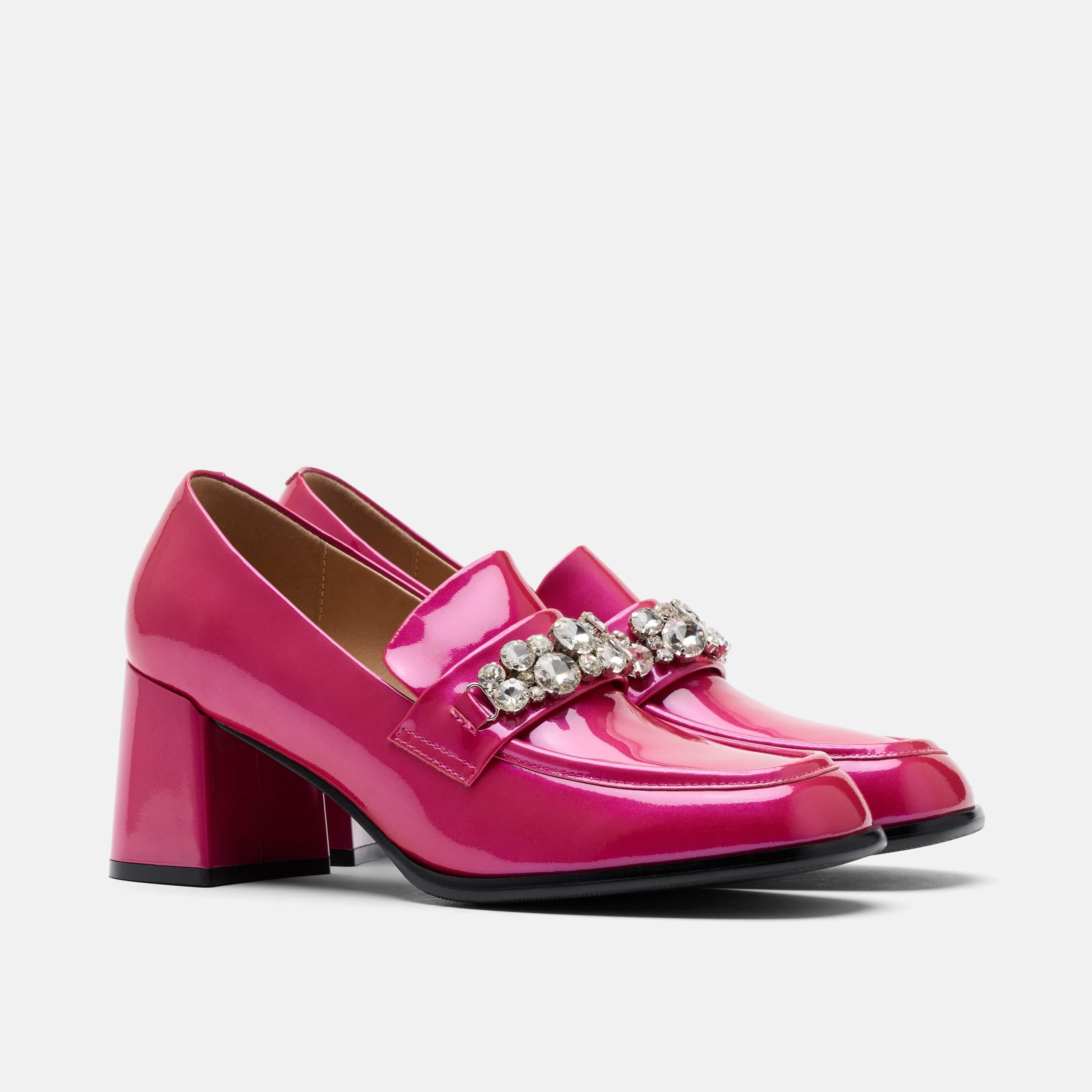 Margot Magenta Patent Leather Penny Loafer Block Pumps - Image 2