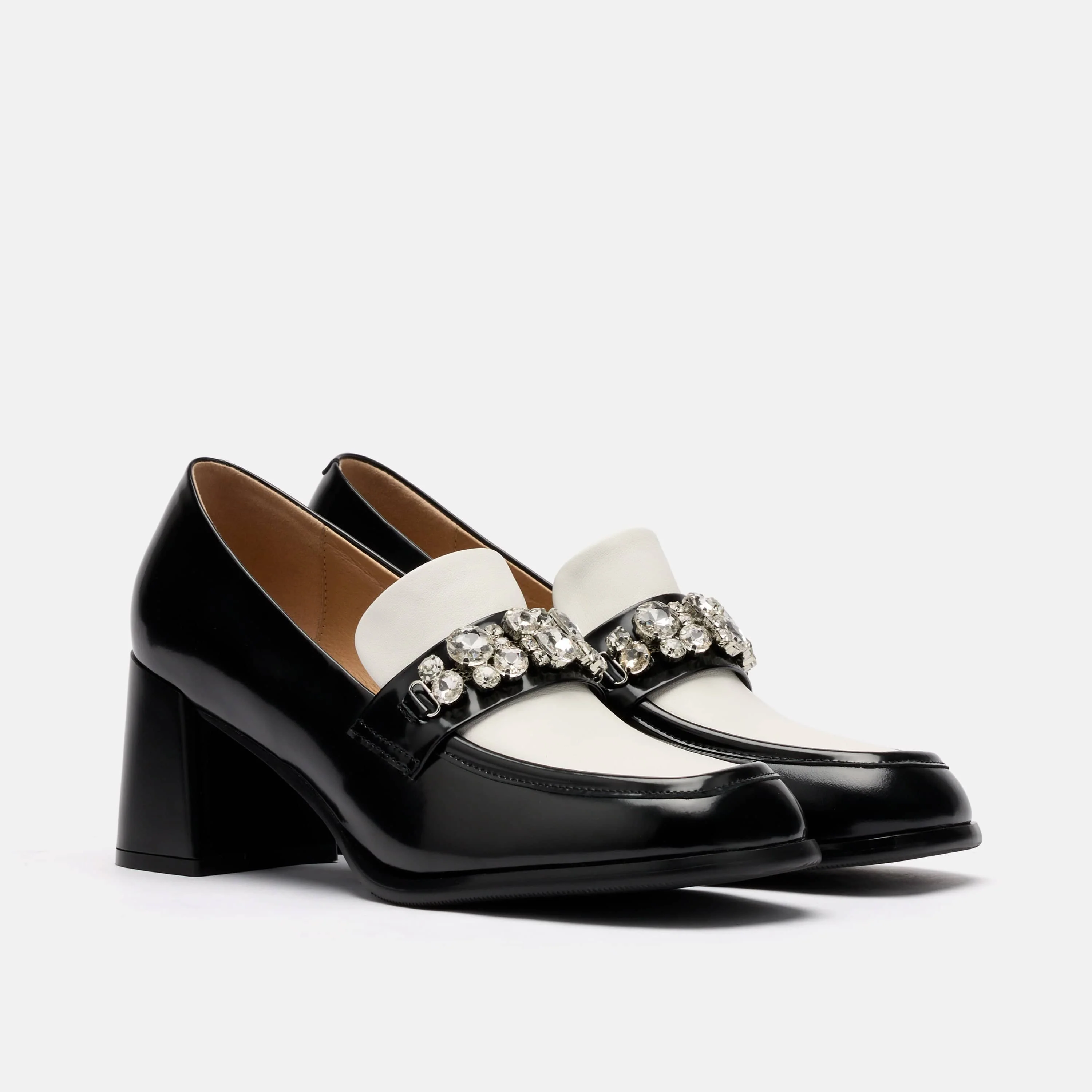 Margot Black/White Patent Leather Penny Loafer Block Pumps - Image 2