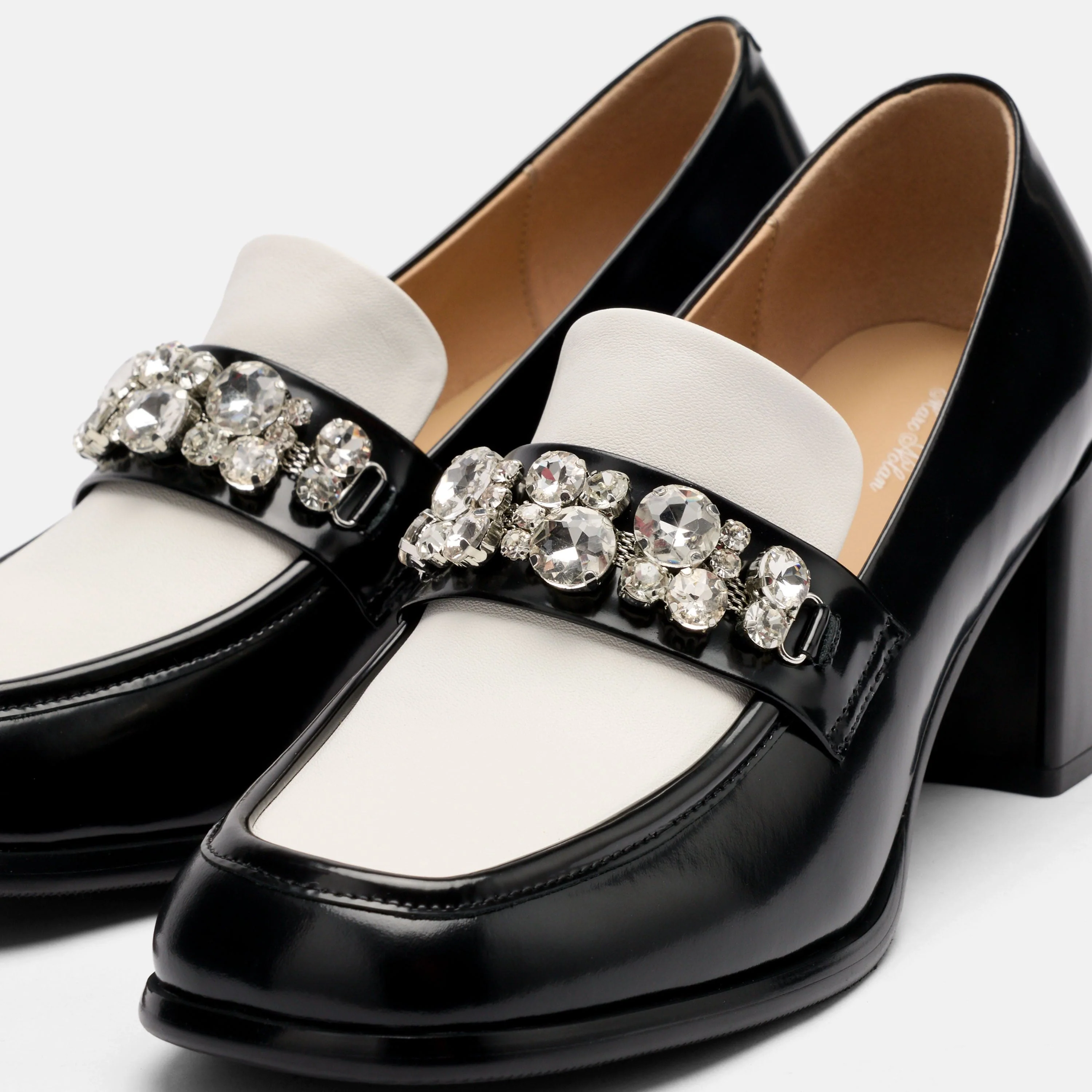 Margot Black/White Patent Leather Penny Loafer Block Pumps - Image 3