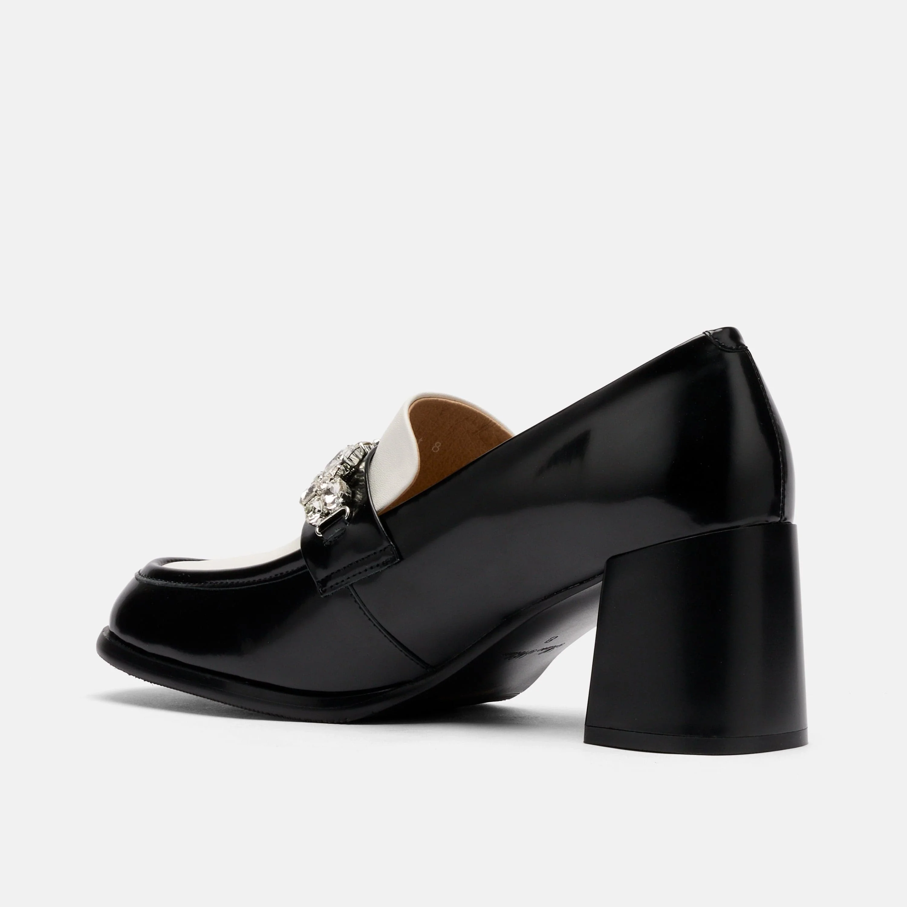 Margot Black/White Patent Leather Penny Loafer Block Pumps - Image 4