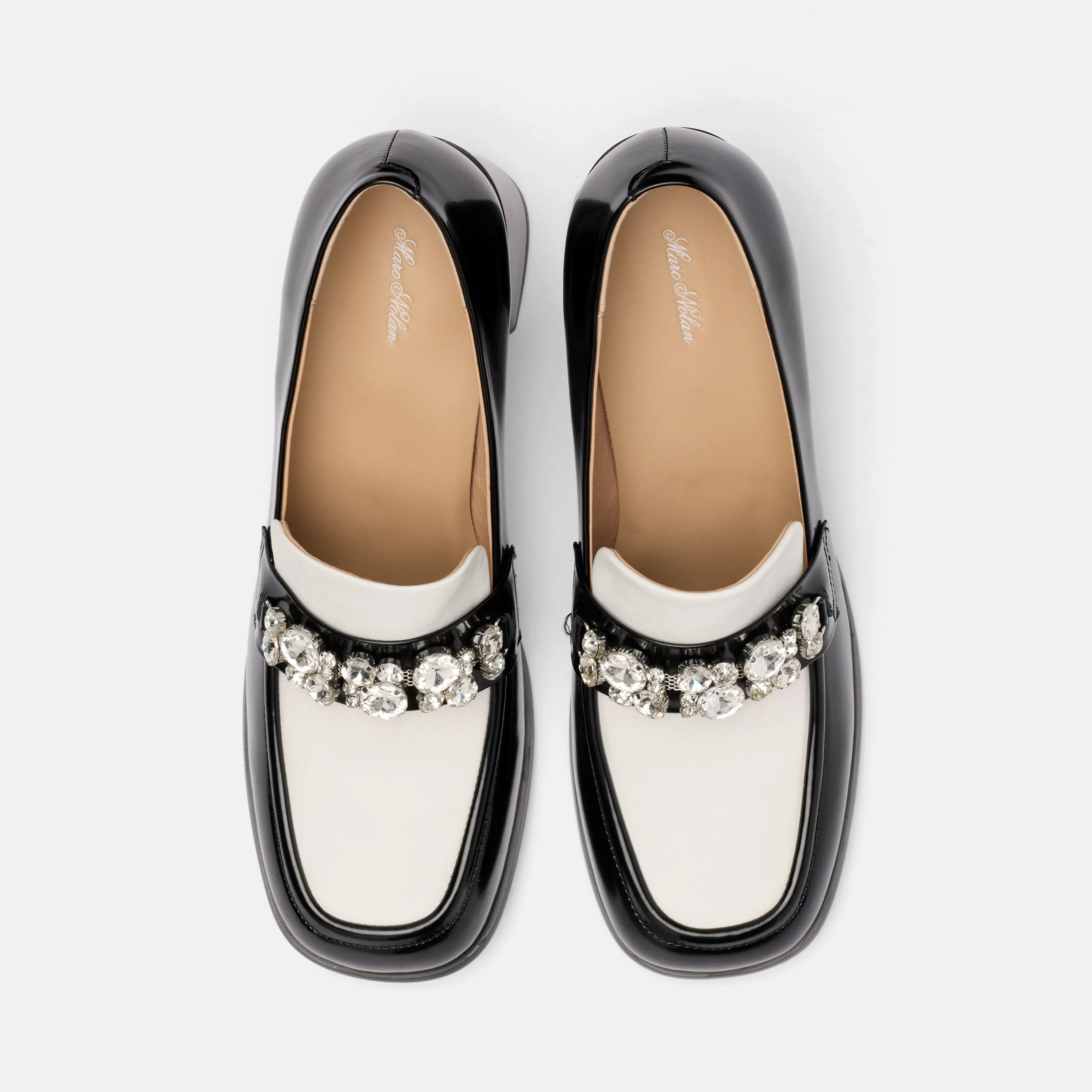 Margot Black/White Patent Leather Penny Loafer Block Pumps - Image 5