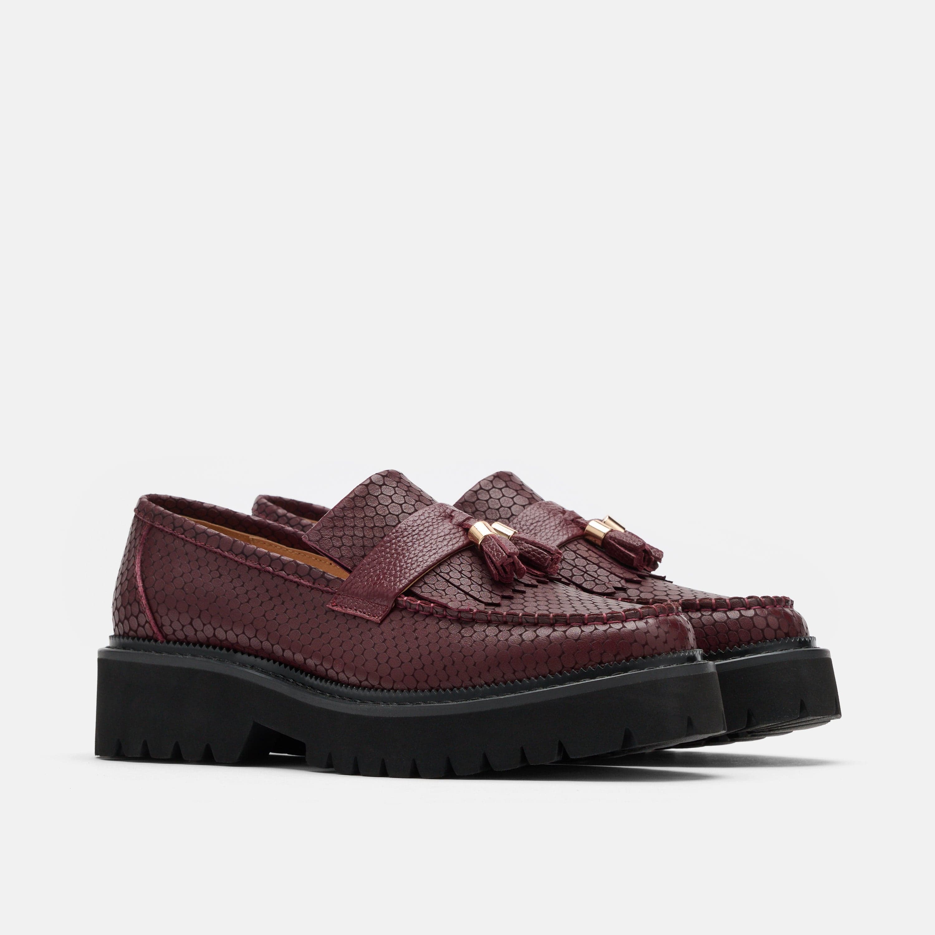 Ms. Journey Burgundy Crocskin Leather Lug Tassel Loafer - Image 2