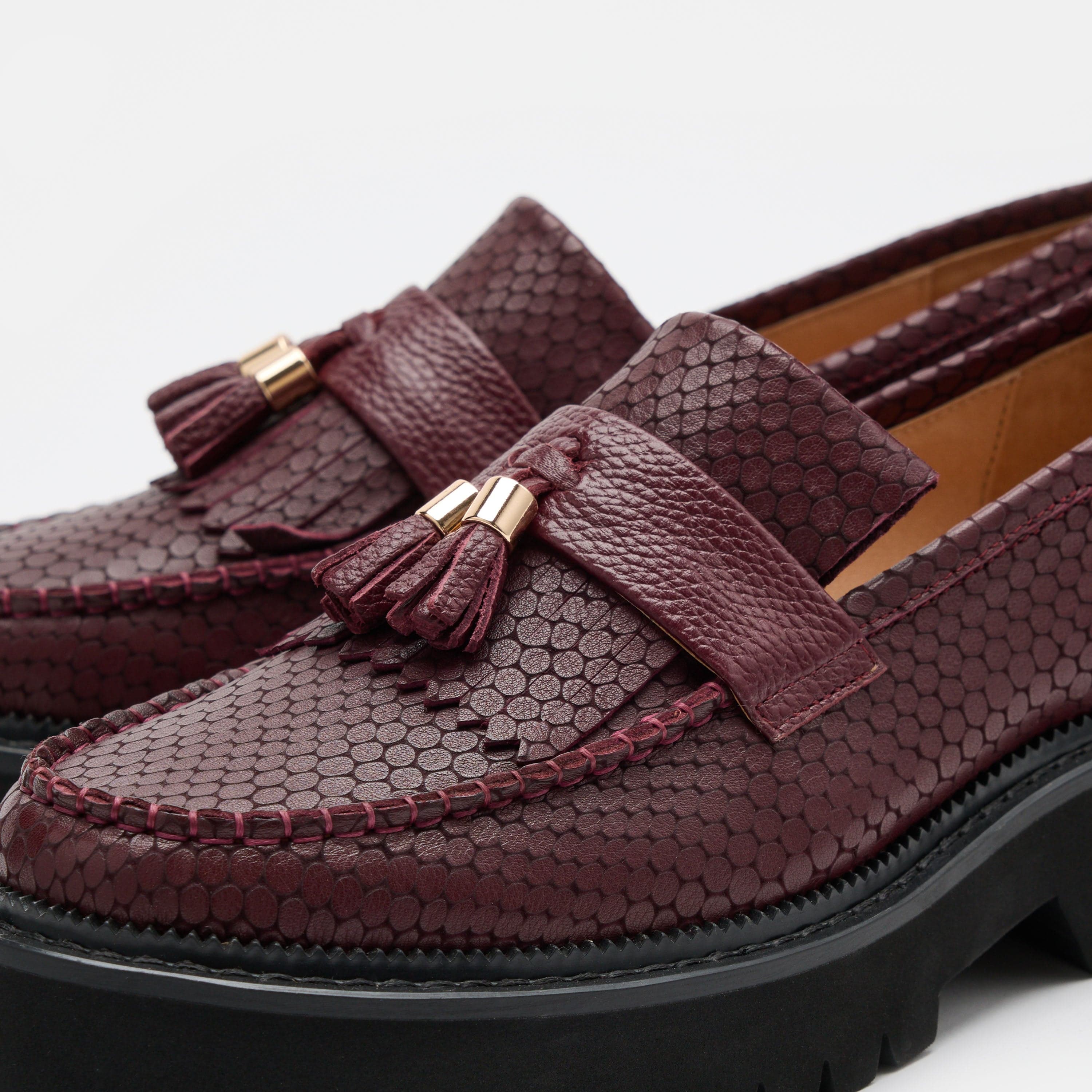 Ms. Journey Burgundy Crocskin Leather Lug Tassel Loafer - Image 3