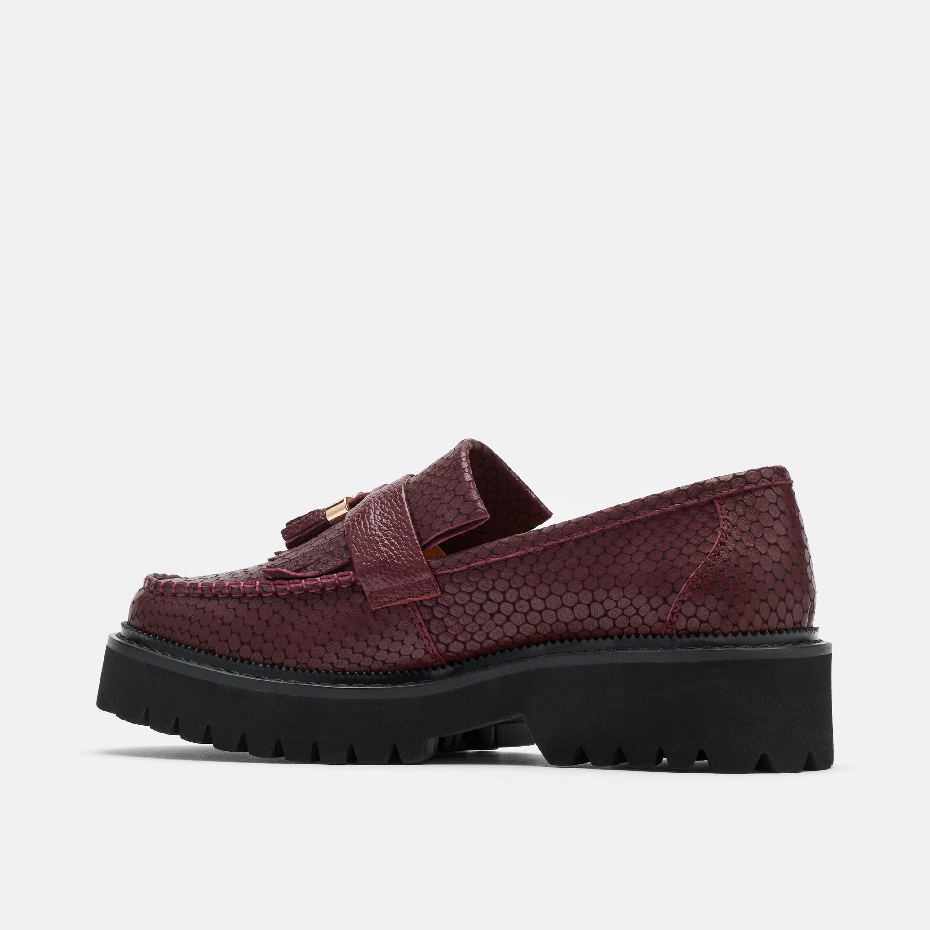 Ms. Journey Burgundy Crocskin Leather Lug Tassel Loafer - Image 4