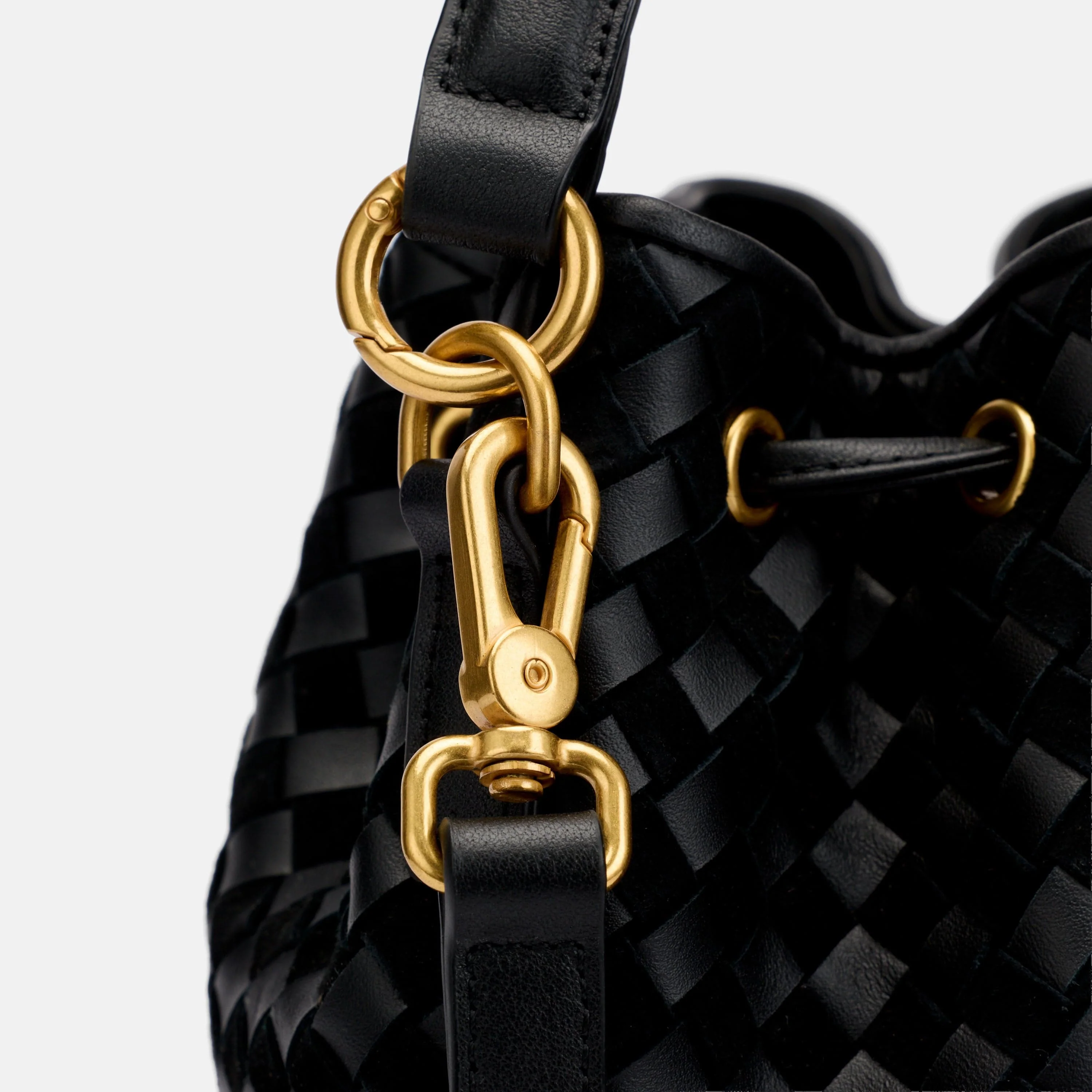 Nora Black Woven Leather Bucket Bag - Image 4
