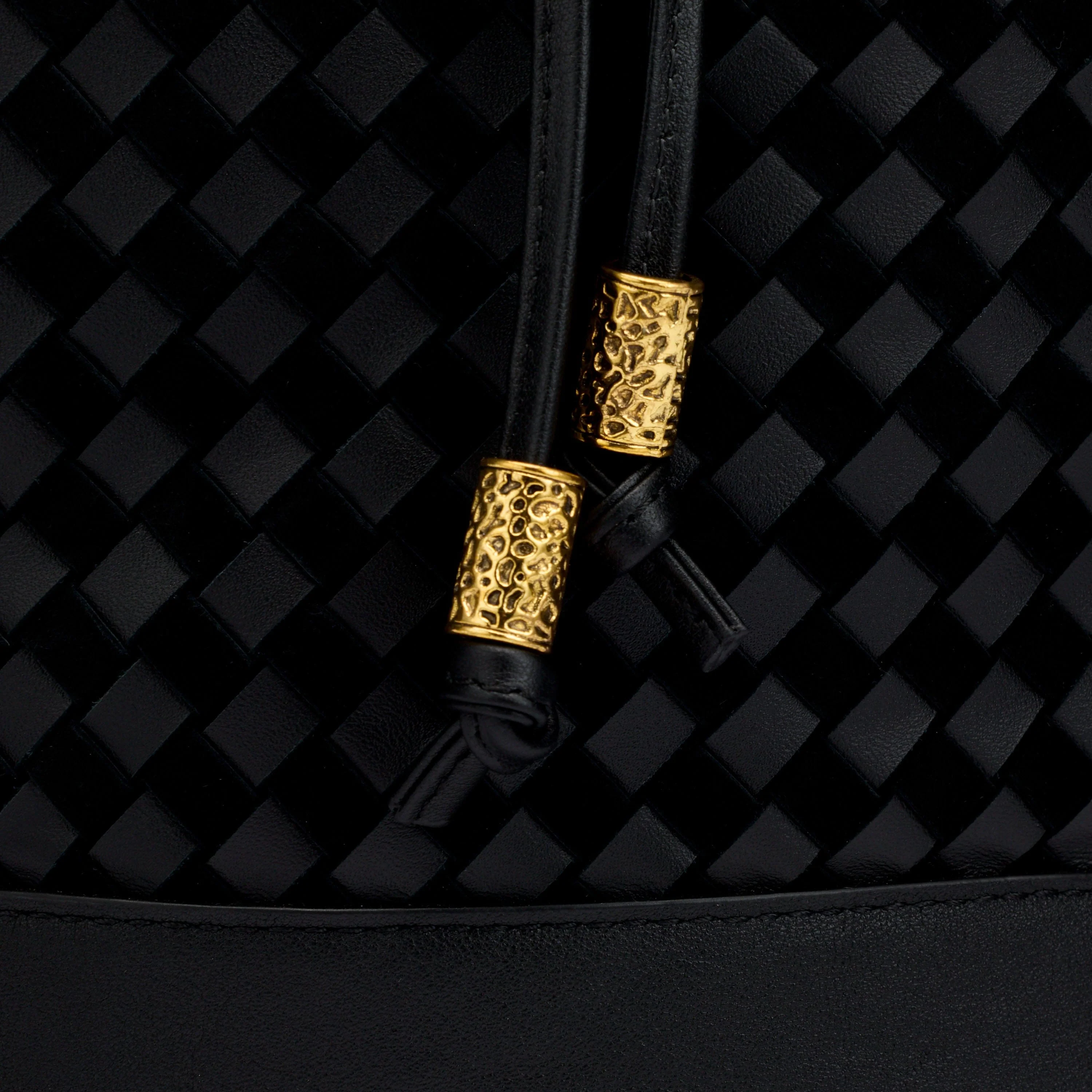 Nora Black Woven Leather Bucket Bag - Image 7