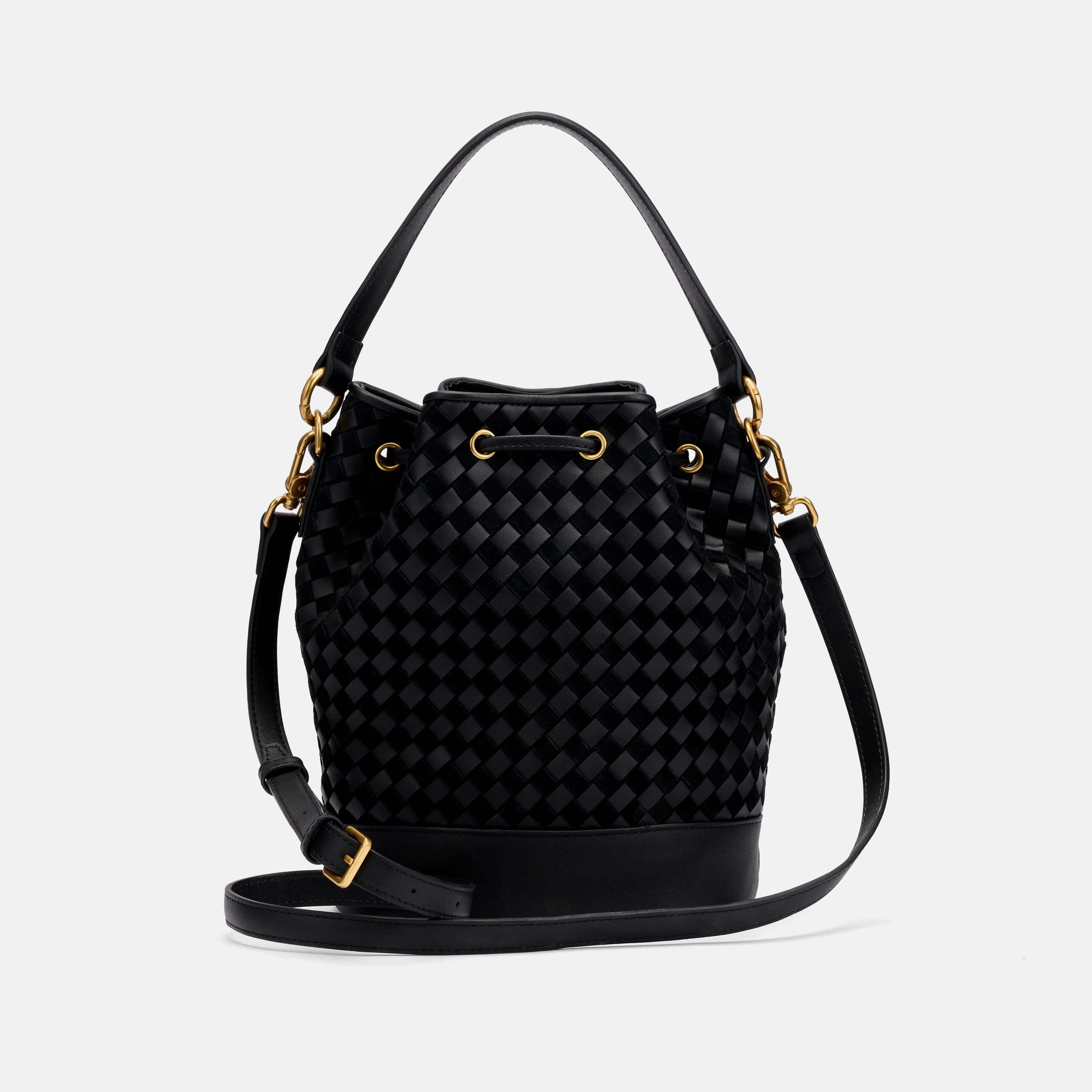 Nora Black Woven Leather Bucket Bag - Image 8
