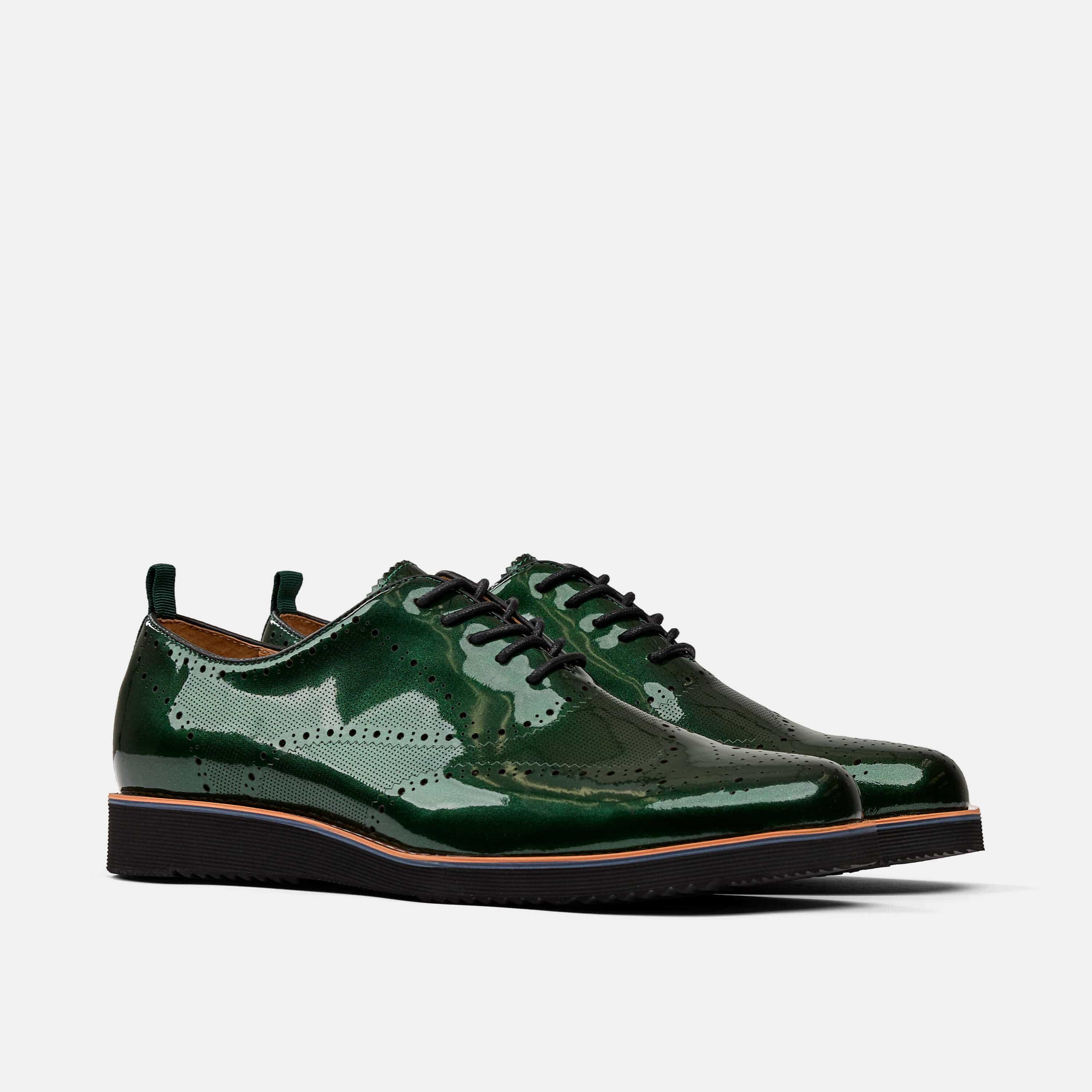 Oscar Forest Green Patent Leather Wholecut Brogue Sneakers - Image 2