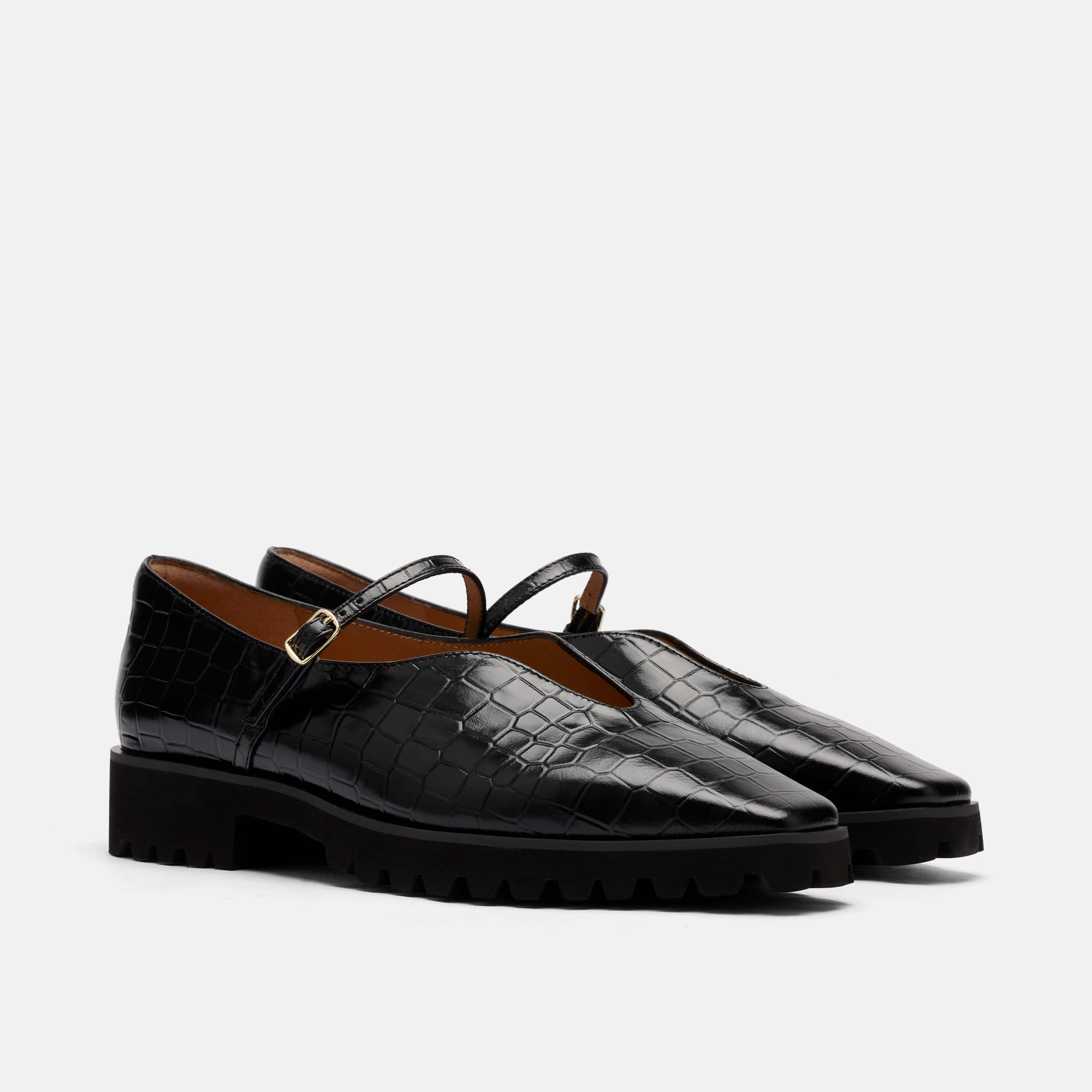 Roxie Black Croc Leather Lug Mary Janes - Image 2