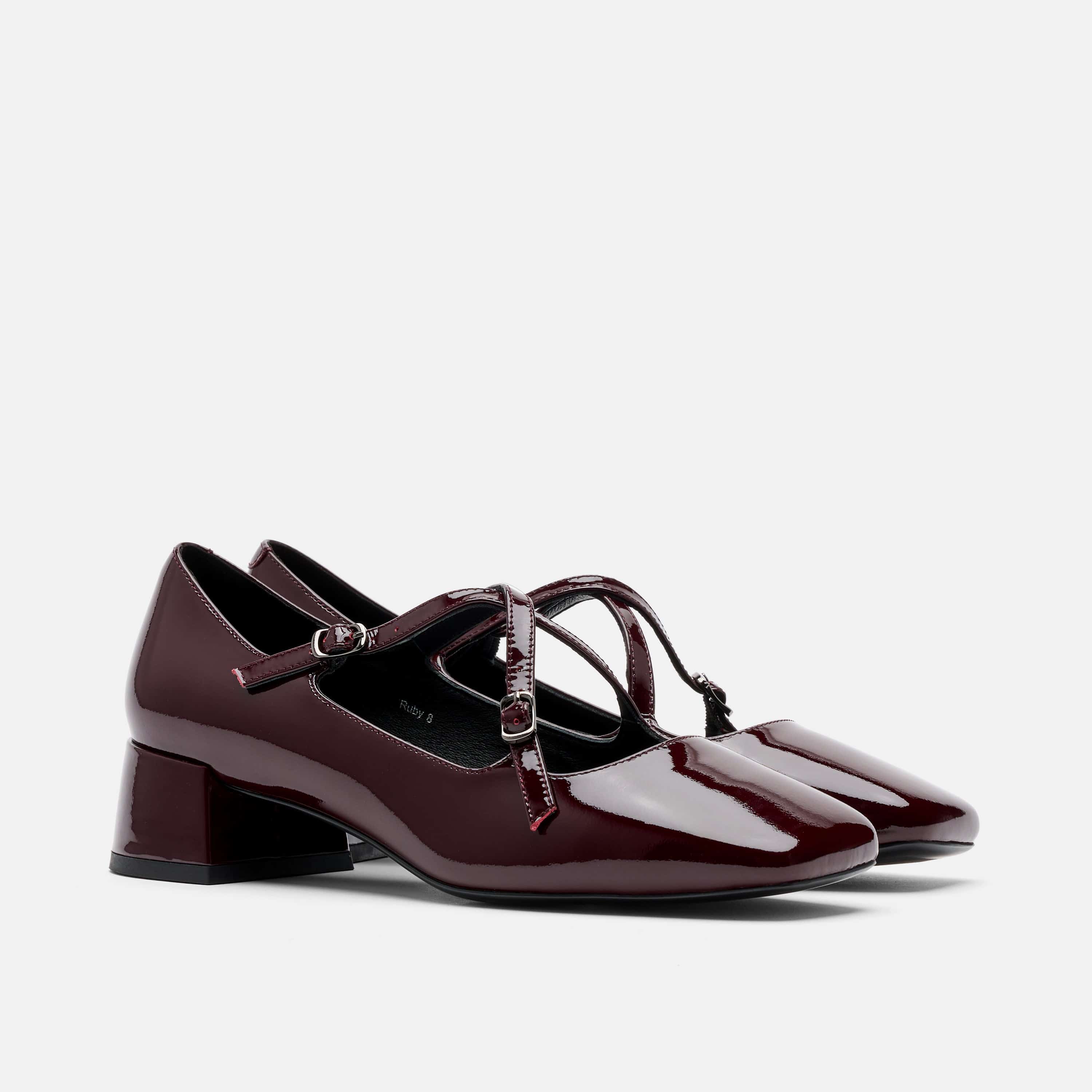 Ruby Burgundy Patent Leather Mary Jane Block Heels - Image 2