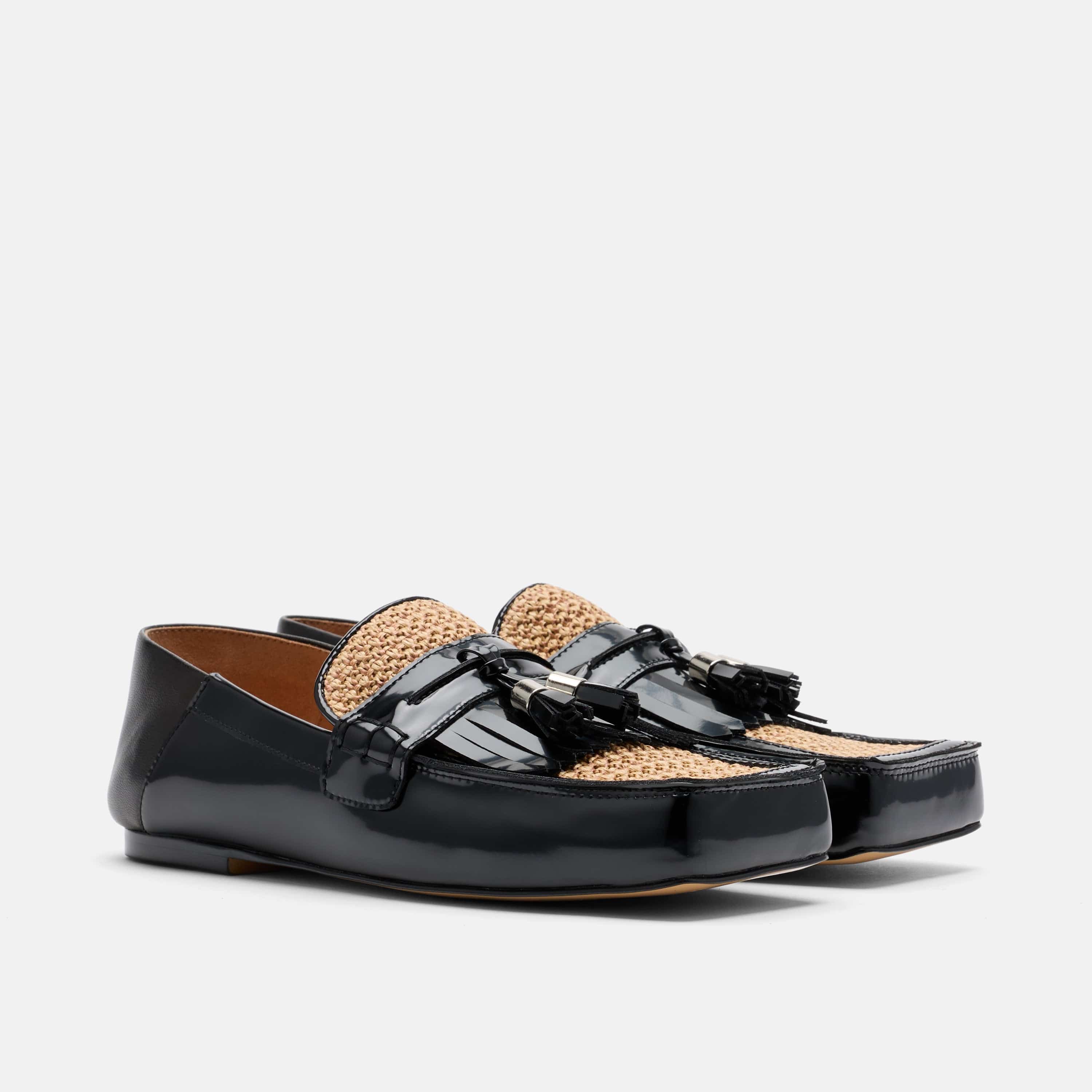 Simone Black/Tan Leather Raffia Tassel Loafers - Image 2