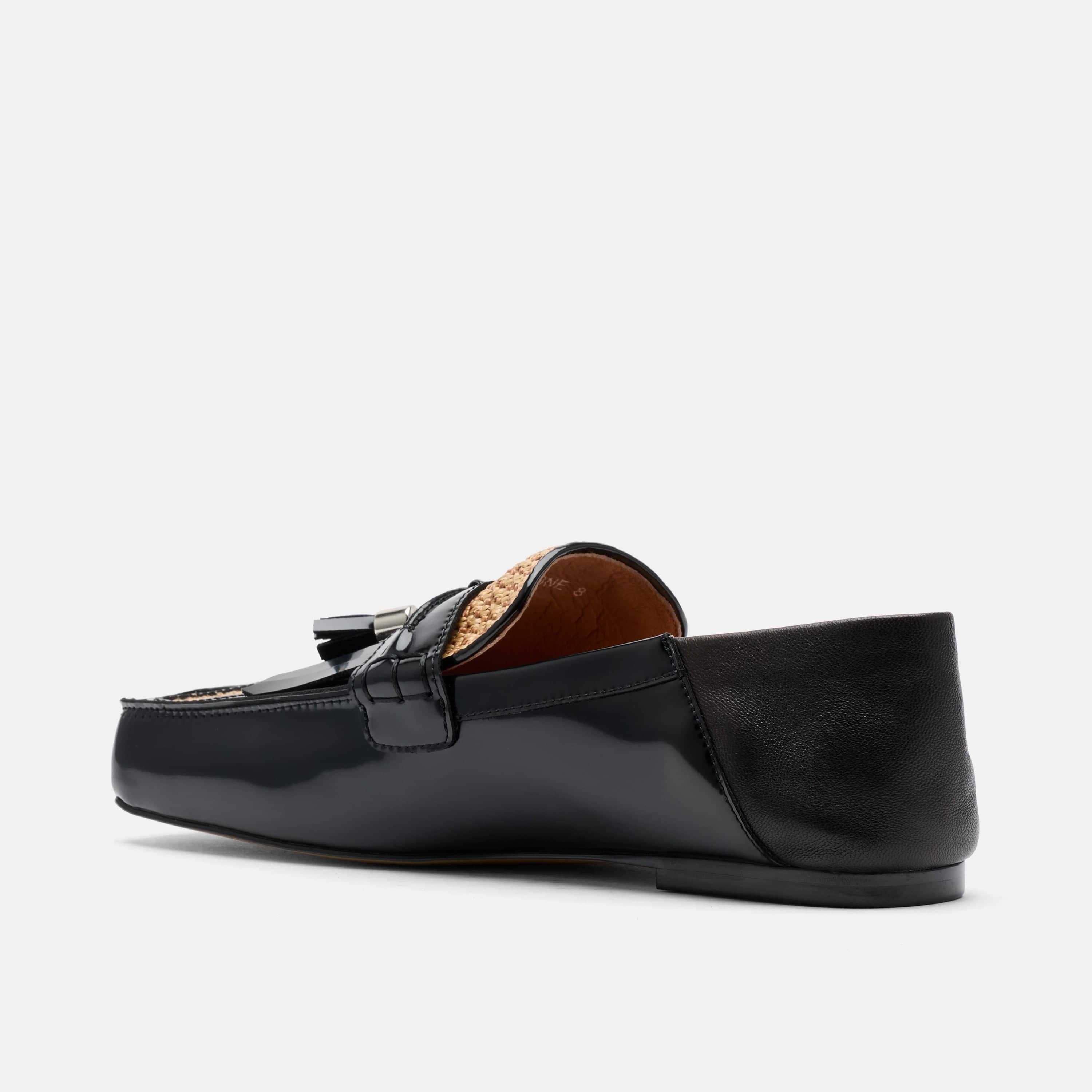 Simone Black/Tan Leather Raffia Tassel Loafers - Image 6