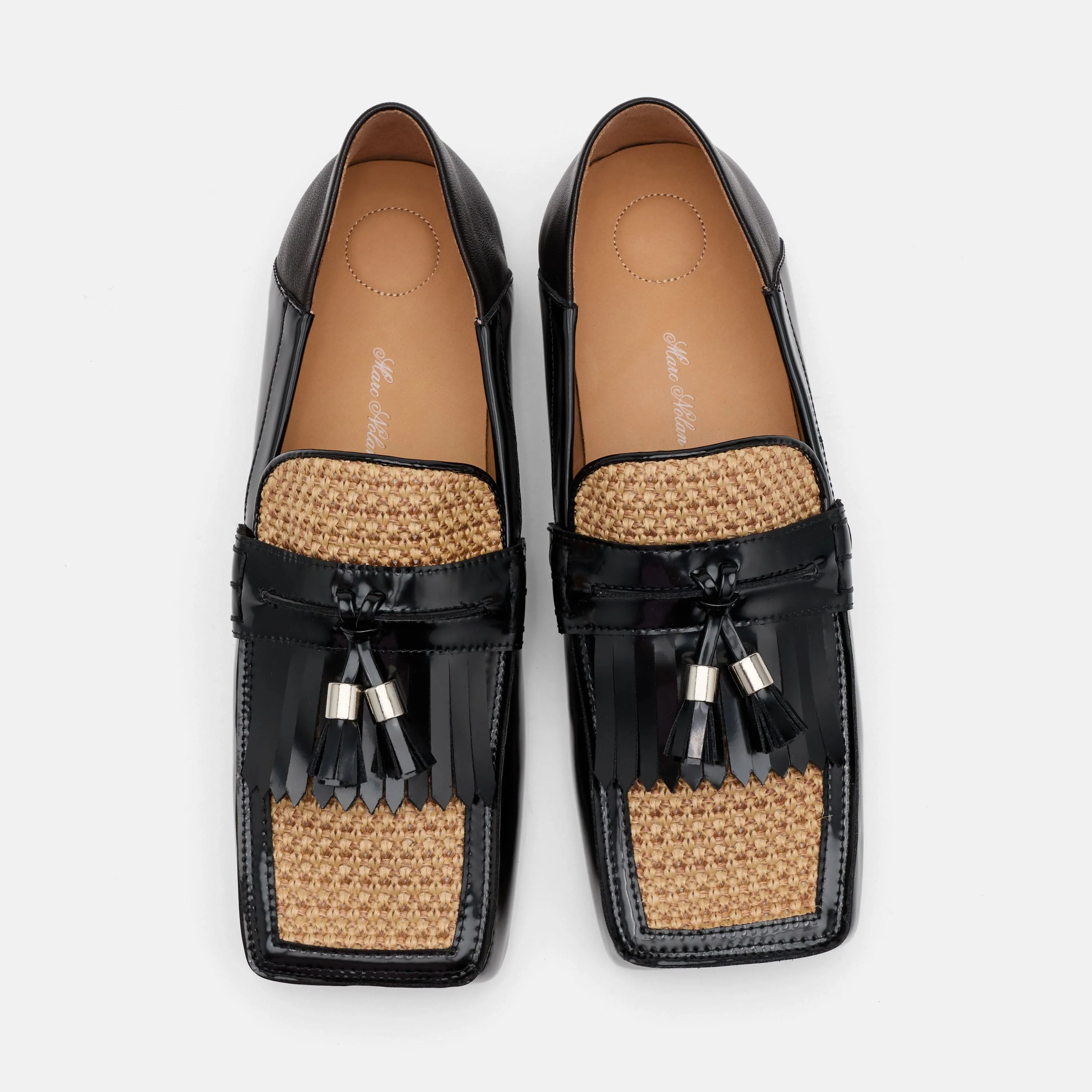 Simone Black/Tan Leather Raffia Tassel Loafers - Image 7