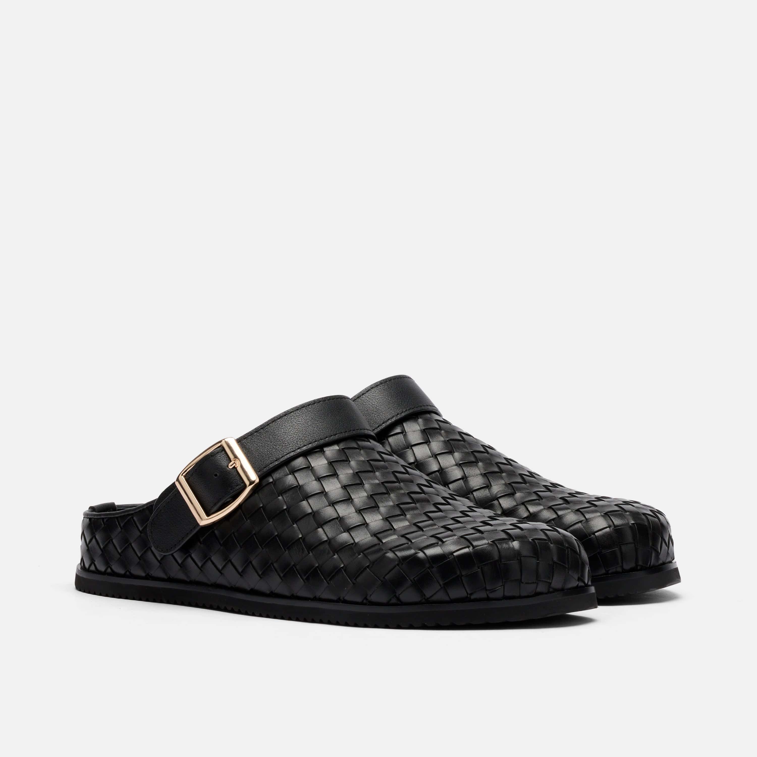 Solana Black Woven Leather Backstrap Clogs - Image 2