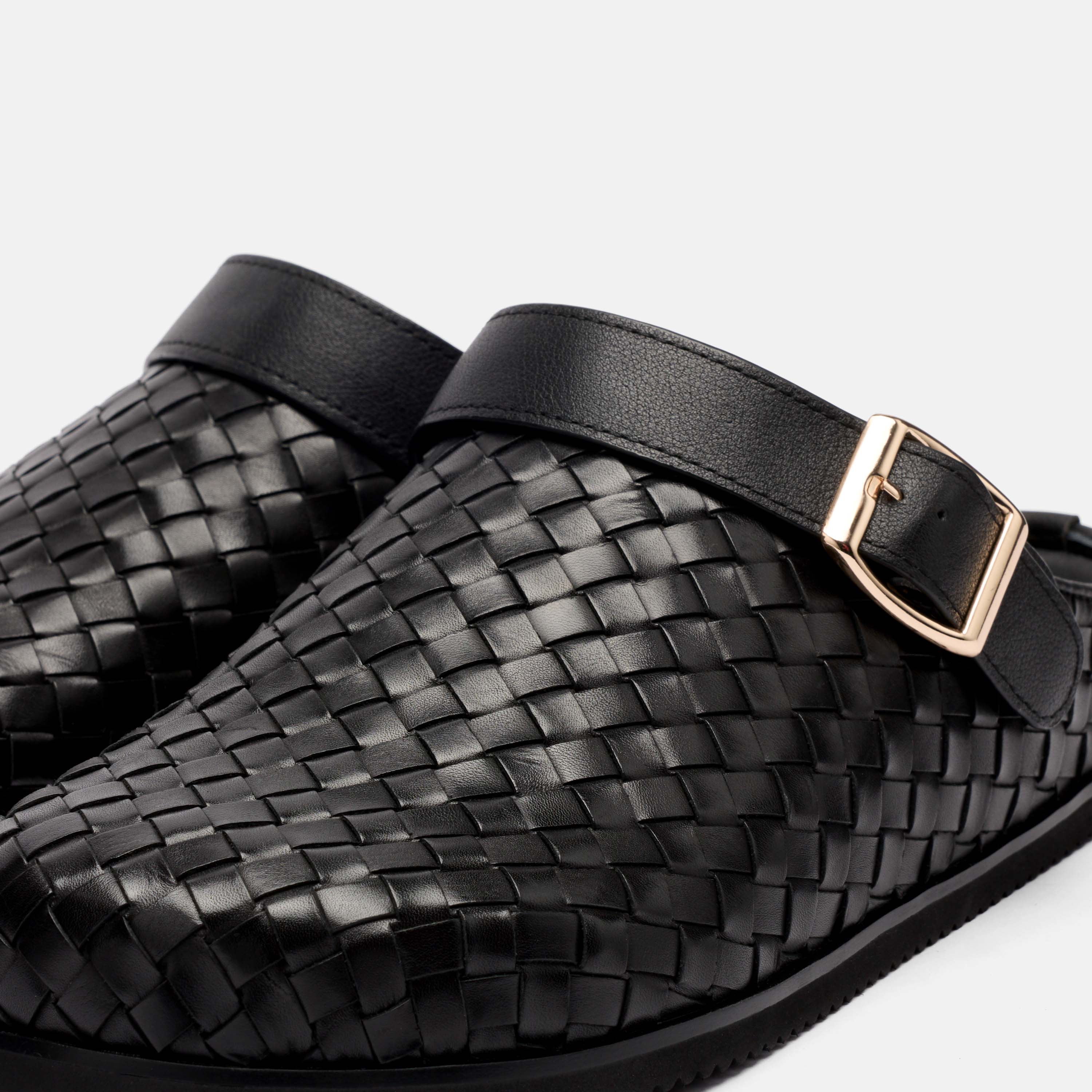 Solana Black Woven Leather Backstrap Clogs - Image 3