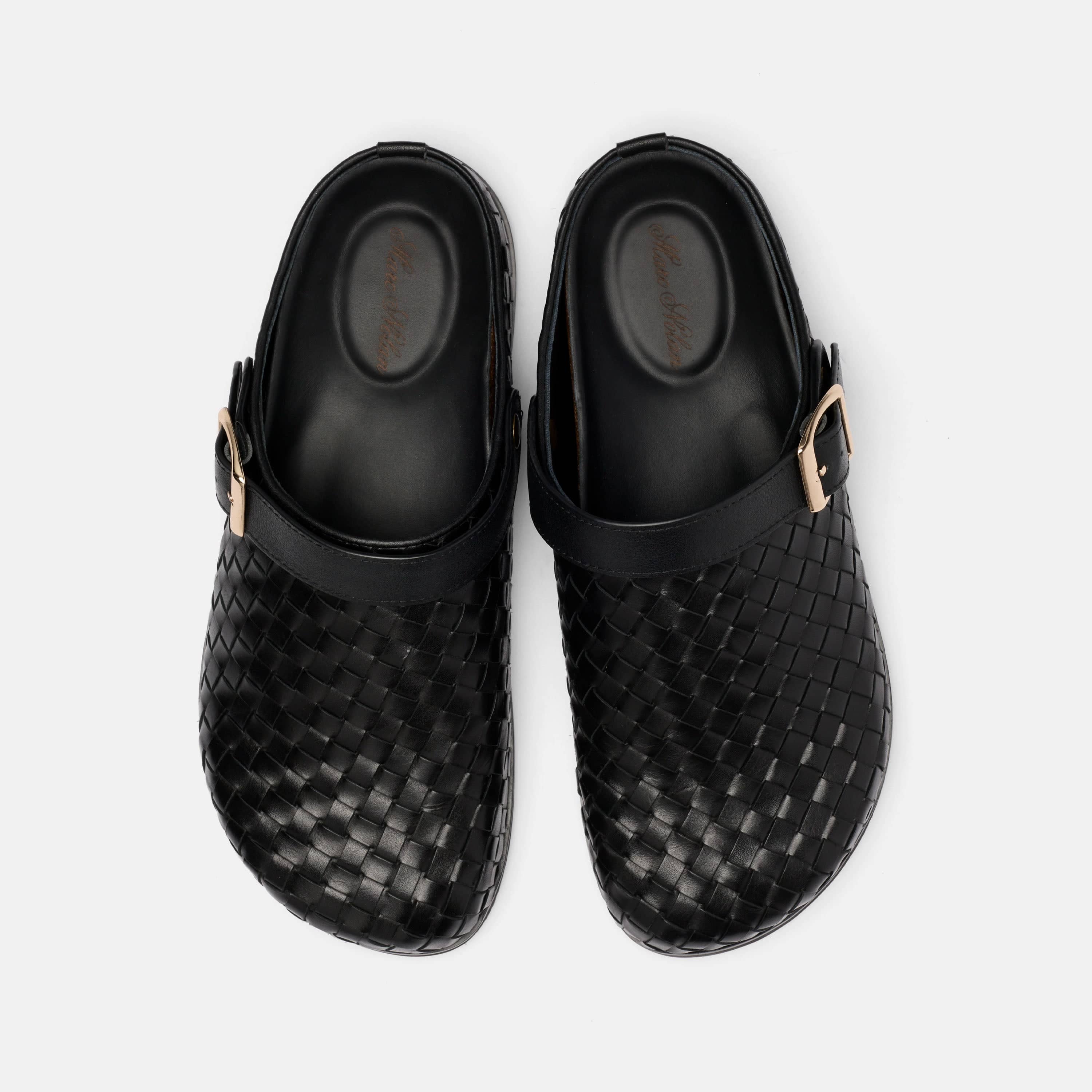 Solana Black Woven Leather Backstrap Clogs - Image 5